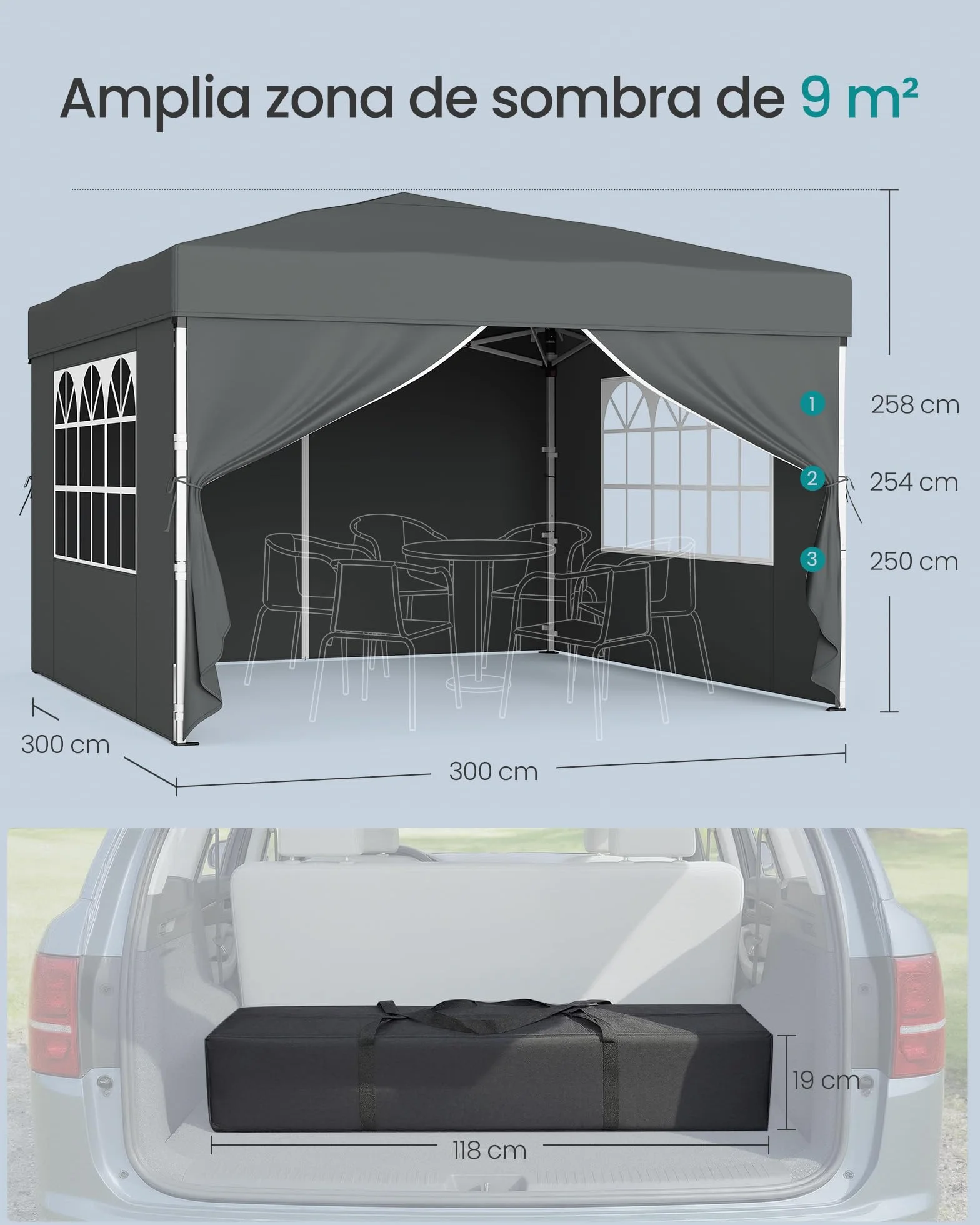 SONGMICS Cenador 3 x 3 m con Paneles Laterales, Carpa Plegable, Protección Solar, Resistente a Lluvia Ligera, Portátil, para Patio, Jardín, Mercadillo, Gris Oscuro GCT104GZ01