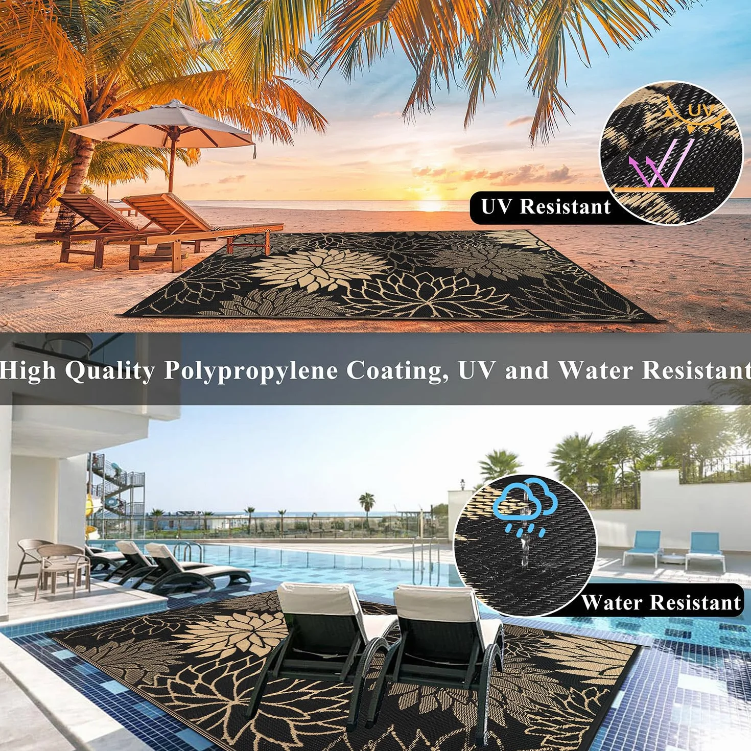 SHACOS Alfombra Exterior Impermeable Reversible 270 x 360 cm Grande para Patios Jardines Camping