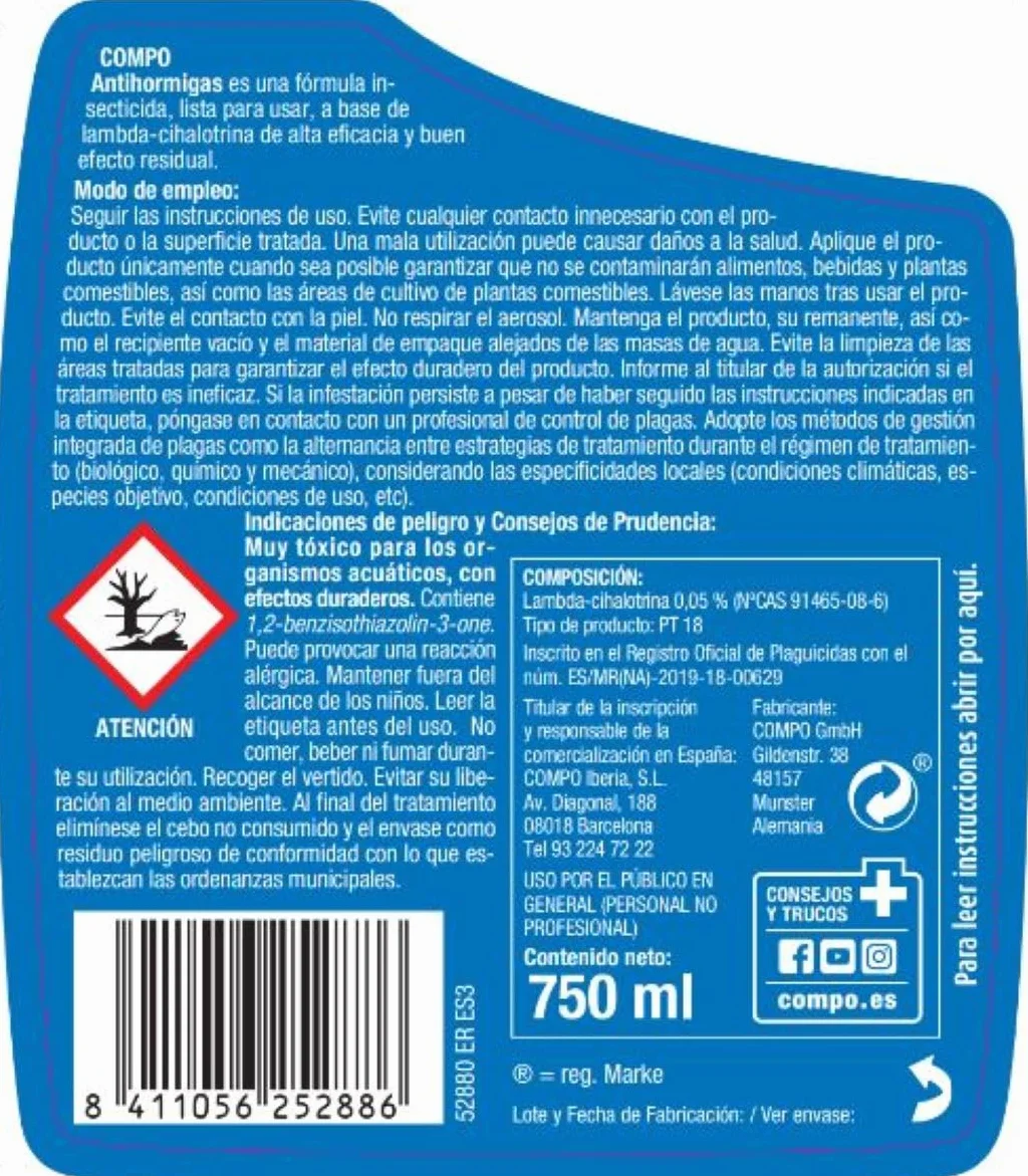 COMPO Antihormigas Pistola 750 ml Envase pulverizador Uso doméstico Hogar jardín