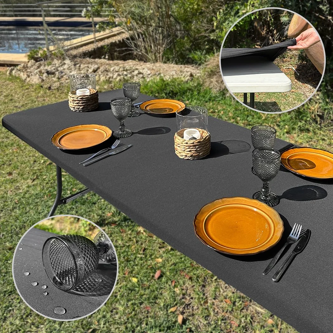 Mantel Exterior Impermeable 182x76 TPU Antimanchas Mesa Rectangular Ajustable Elástico Negro Spandex Camping