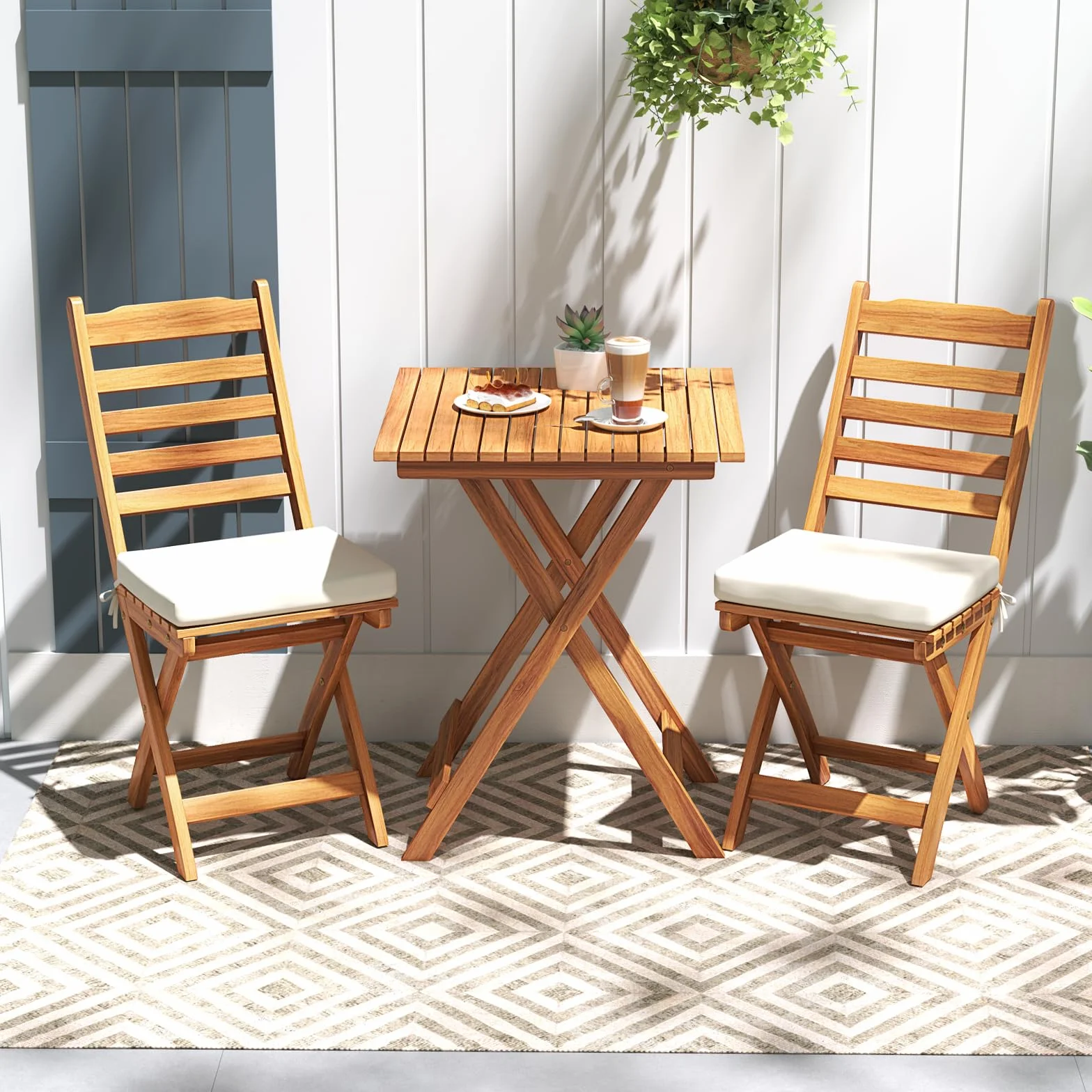 KOMFOTTEU Juego de Bistro 3 Piezas Plegables, Mesa y 2 Sillas de Madera de Acacia para Jardín