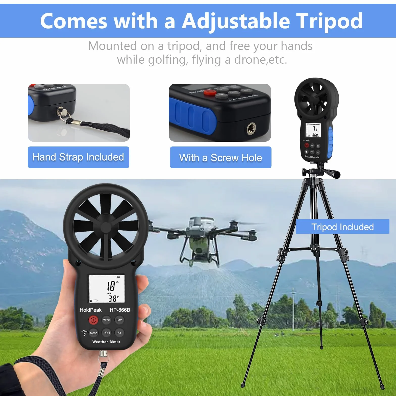 HOLDPEAK HP-866B-APP Anemómetro digital de mano con Bluetooth inalámbrico para medir velocidad del viento, trípope incluido (negro)