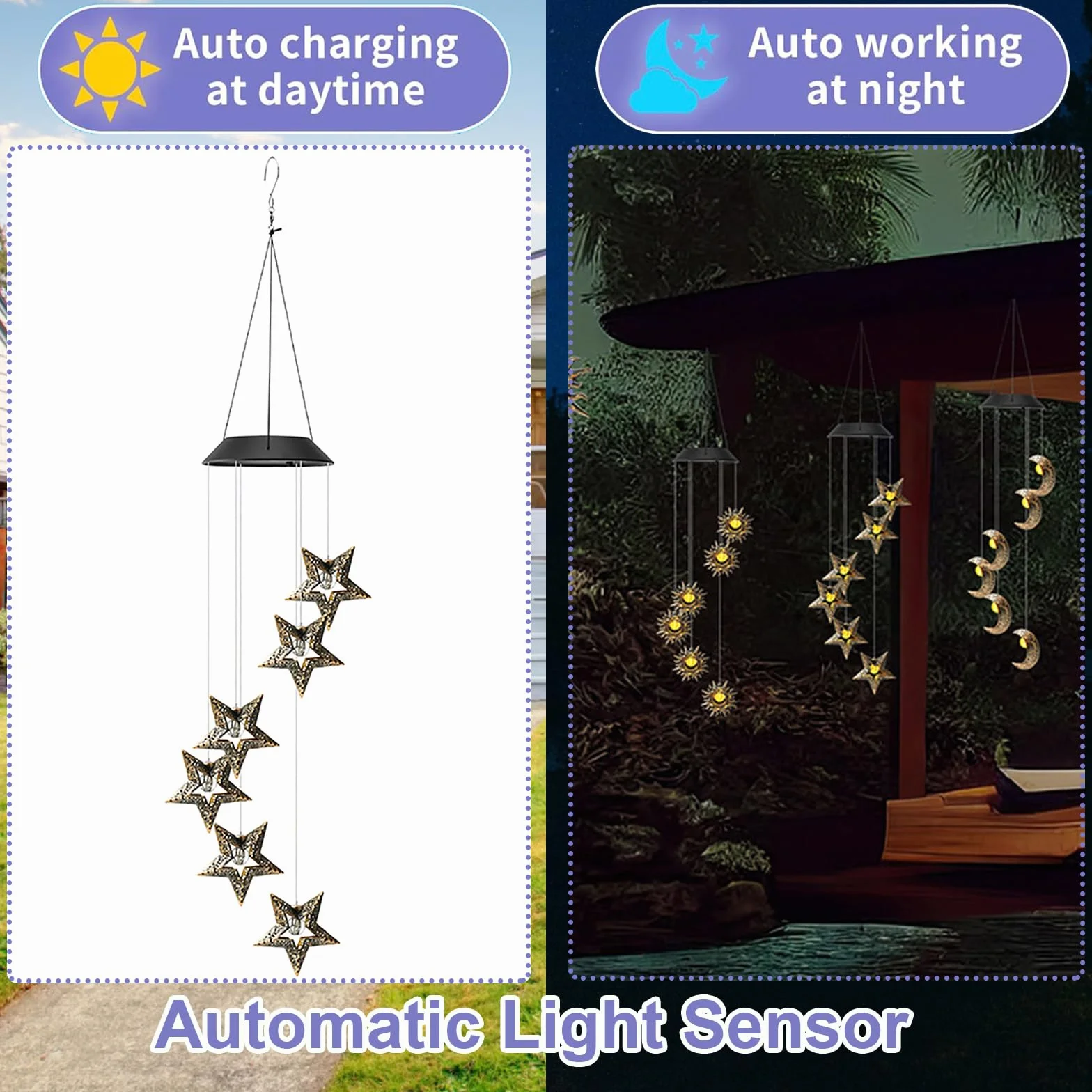ZVO Campanas de Viento Solares con Estrella, Luces LED Cálido Impermeable para Jardín