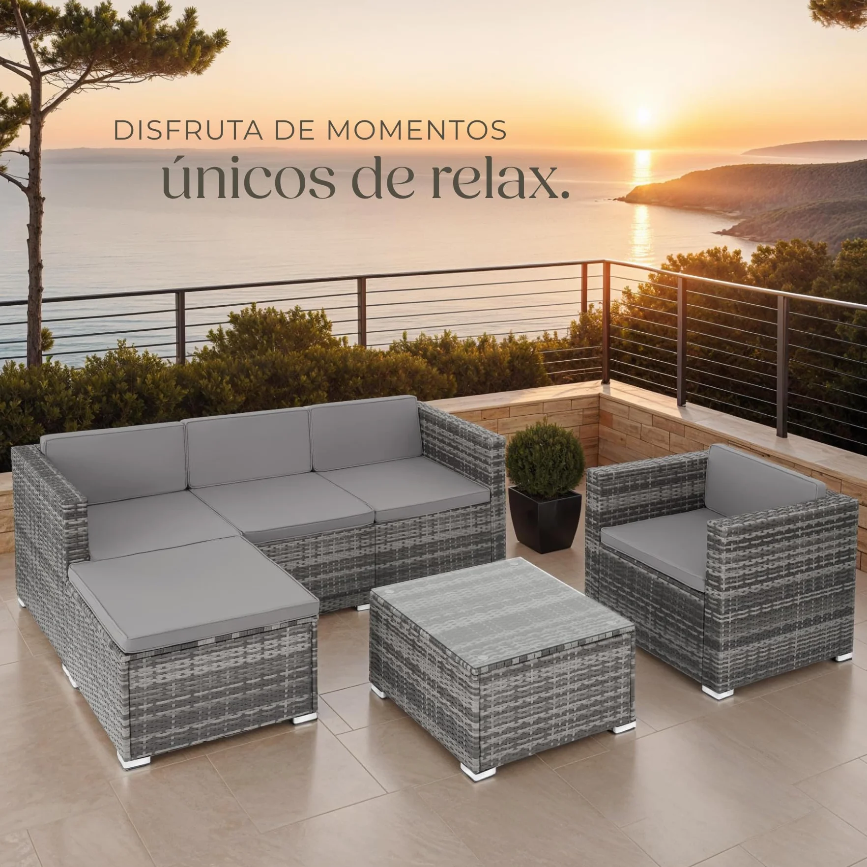 TecTake Conjunto Jardín Ratán Acero 6 Plazas Mesa Cristal Fundas Extraíbles