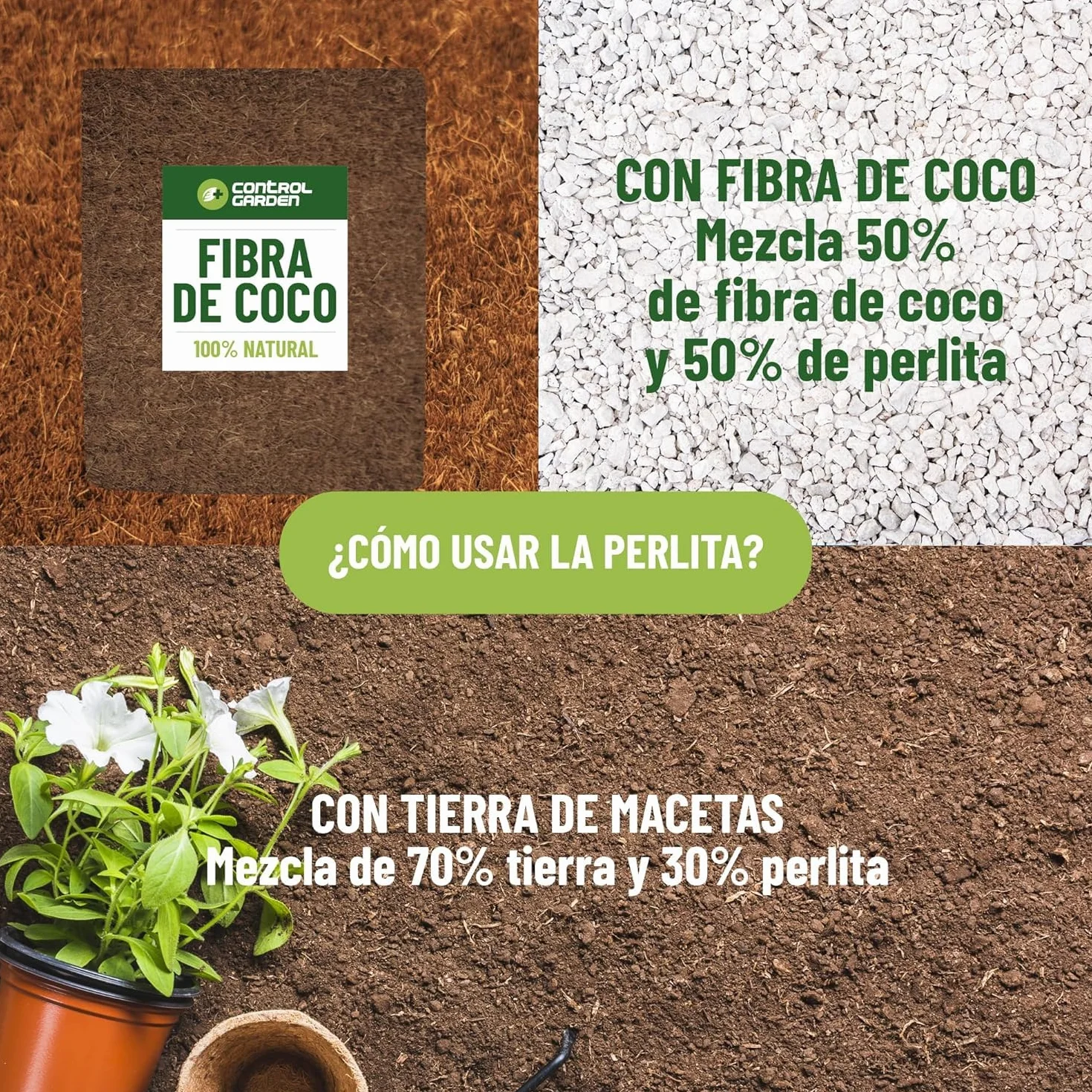CONTROL GARDEN Arlita 10L + Perlita 10L + Vermiculita 10L Sustrato para Plantas