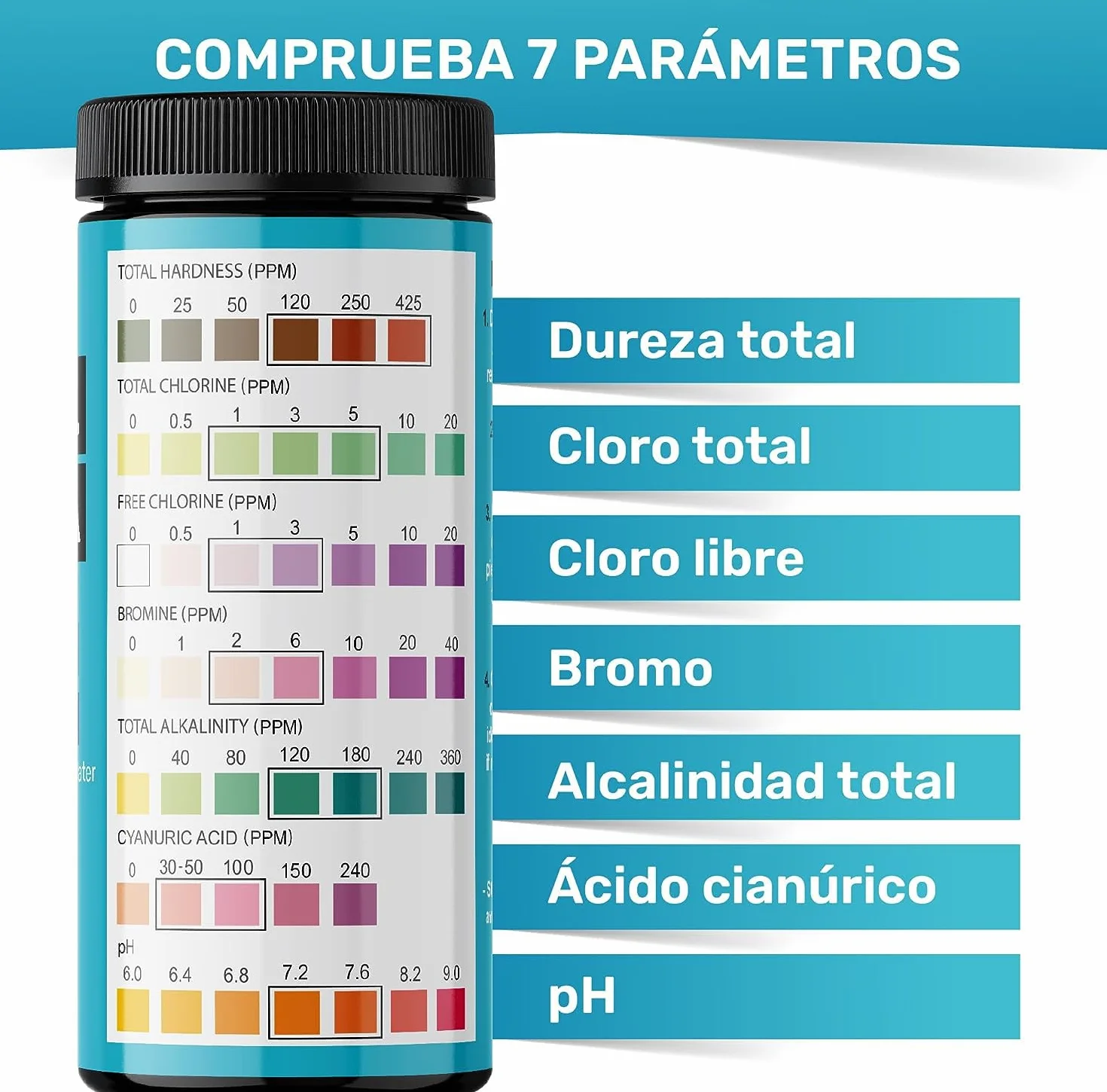 JNW Direct Tiras pH para agua de piscina y spa - Kit analizador de cloro y pH 7 en 1 con eBook