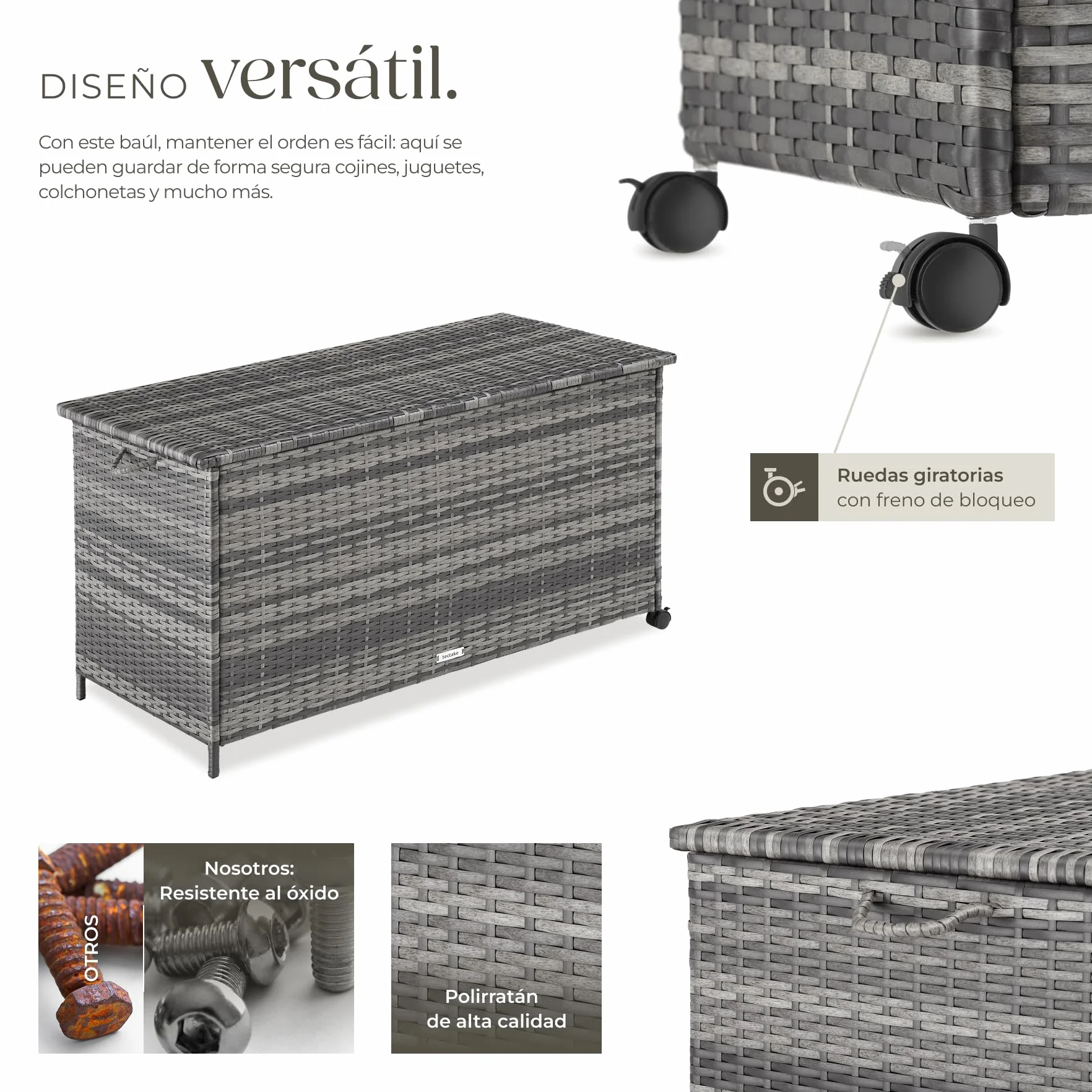tectake Baul Almacenaje Exterior 253L Aluminio Ratán 116x54x64 cm Gris