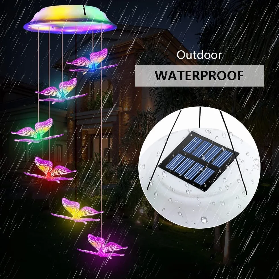 Campanilla de Viento Solar LED Mariposa Impermeable Lámpara Decoración Jardín