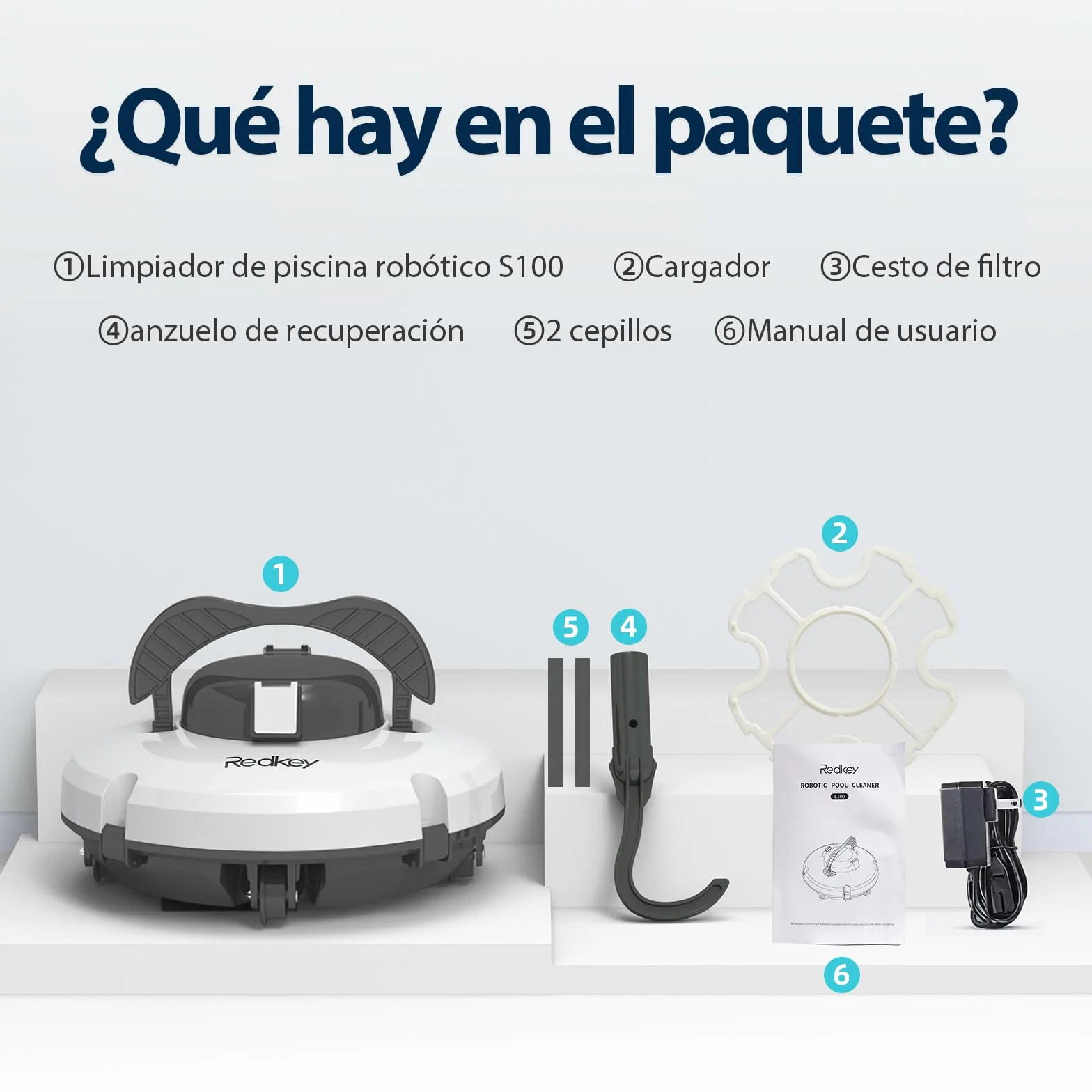 Redkey S100 Robot Limpiafondos Piscina Sin Cable, 200 Minutos Autonomía, Sube Pendientes 18°, Motor Doble, Hasta 120㎡