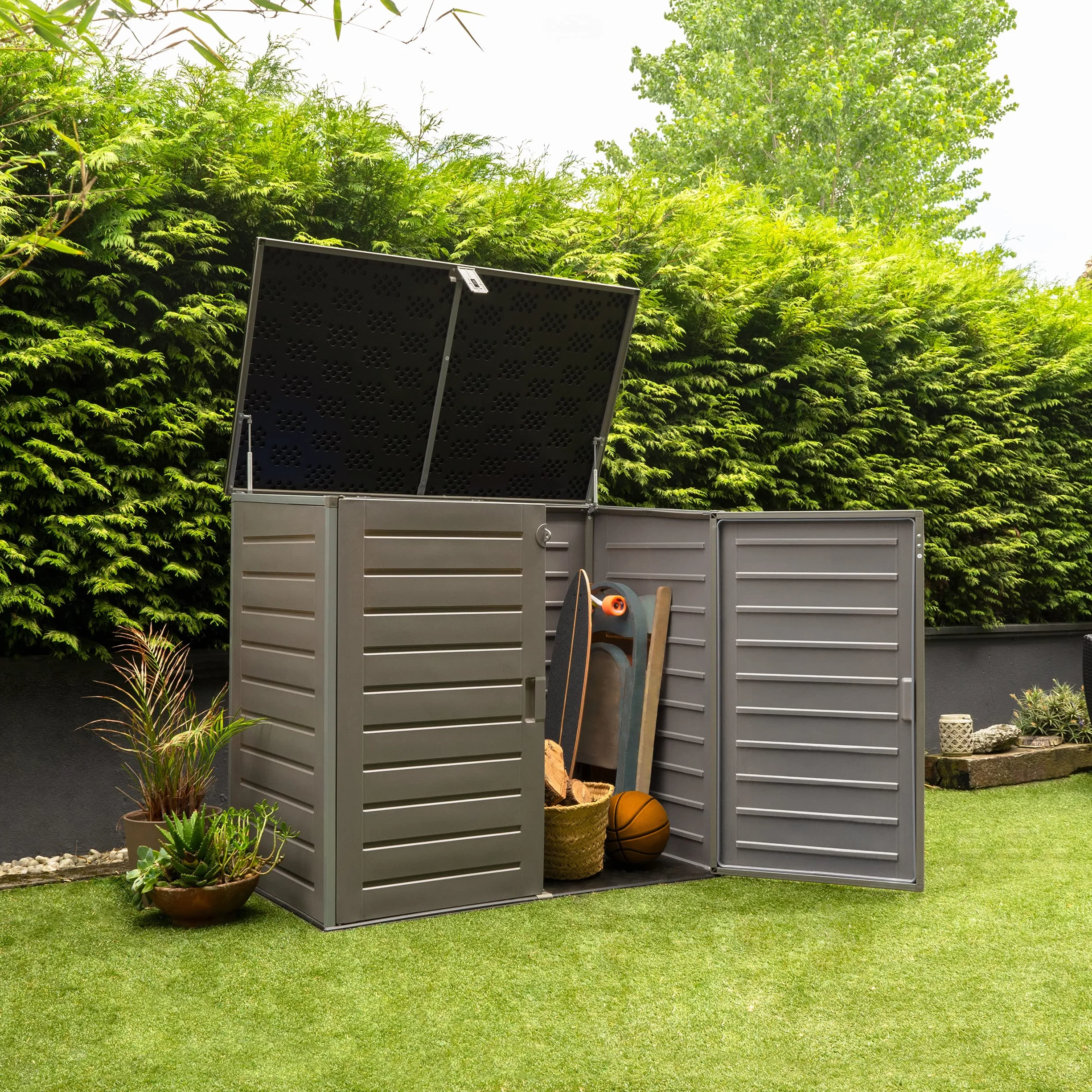 Wasabi Armario Exterior Resina 1170L 140x82x124cm Suelo Incluido Puerta Doble Tapa Abatible Cobertizo Jardín