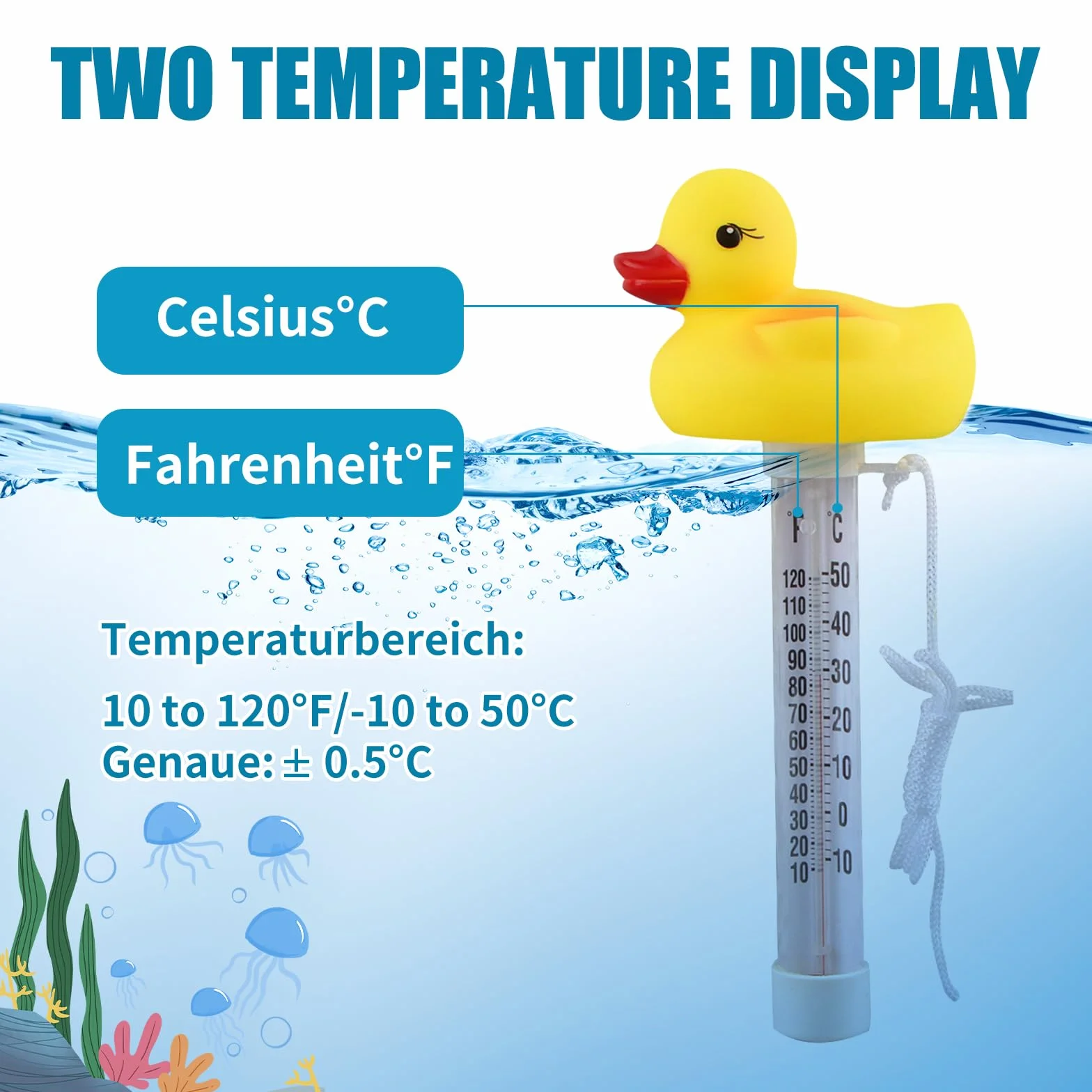 Termómetro Piscina Flotante Forma de Animal Pato con Cuerda Antiderrame Exterior