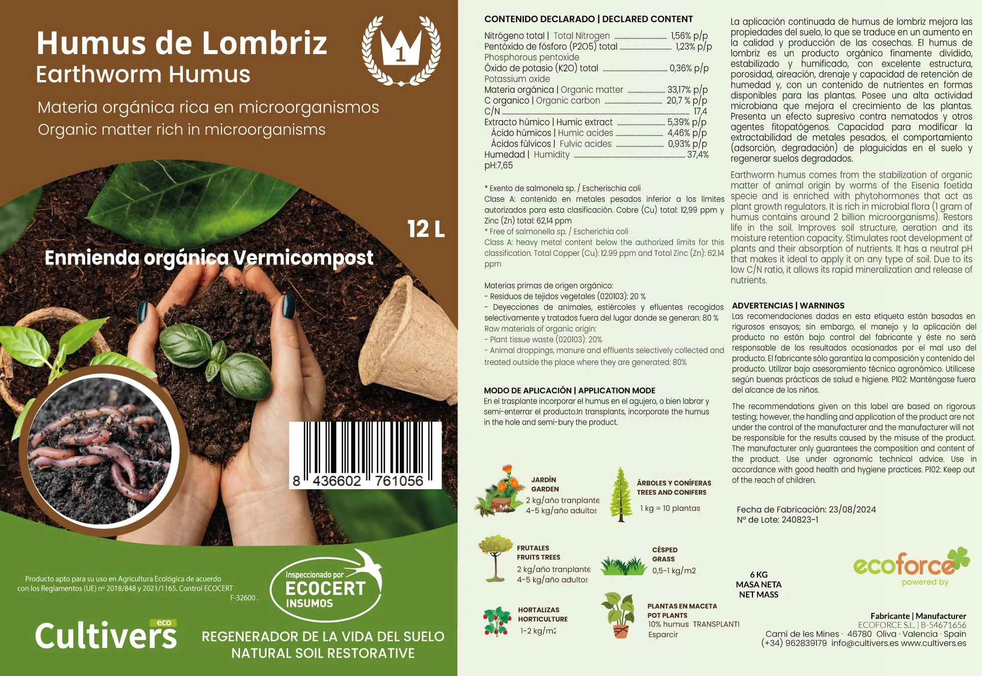 CULTIVERS Humus de Lombriz Ecológico 40 L Abono Orgánico para Plantas y Huerto