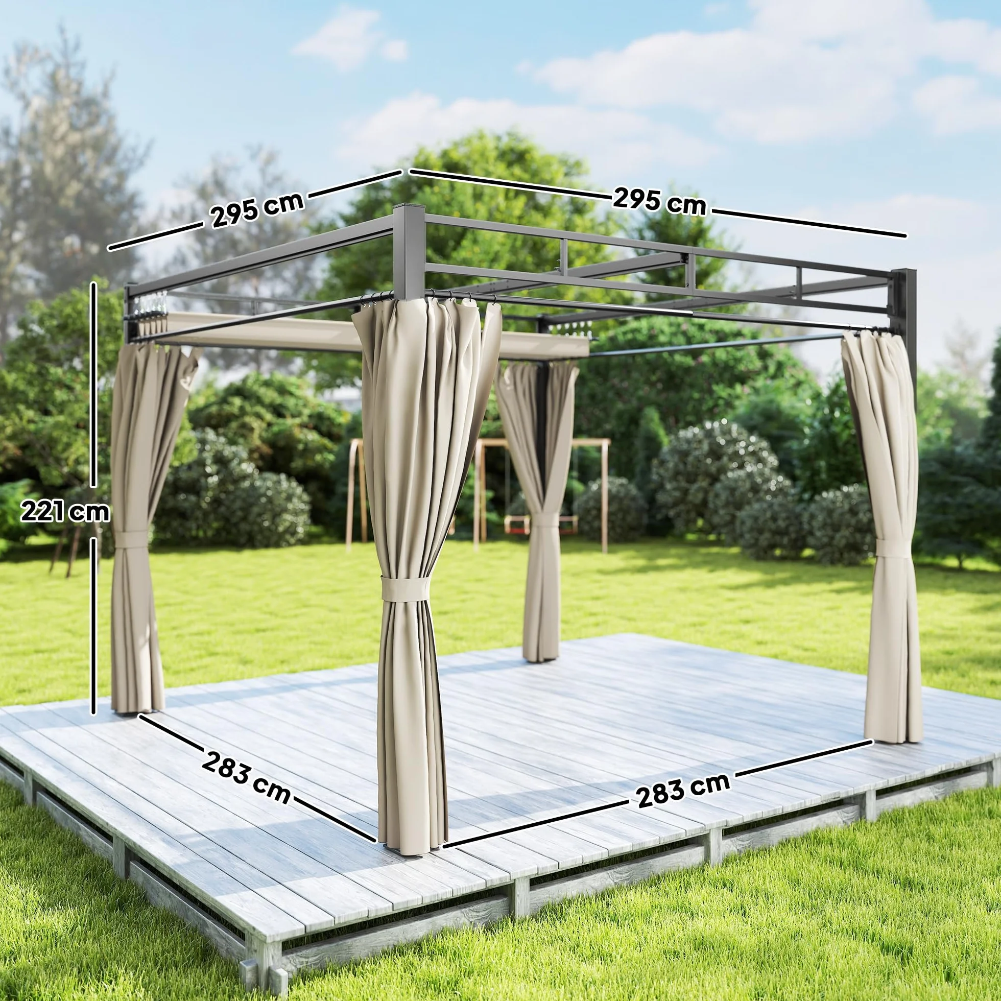 Outsunny Pérgola de Jardín 3x3 m con Techo Retráctil y 4 Cortinas, Cenador de Jardín con Protección UV30+, Impermeable, Estructura Metálica, Pabellón para Patio, Terraza, Exterior, Beige