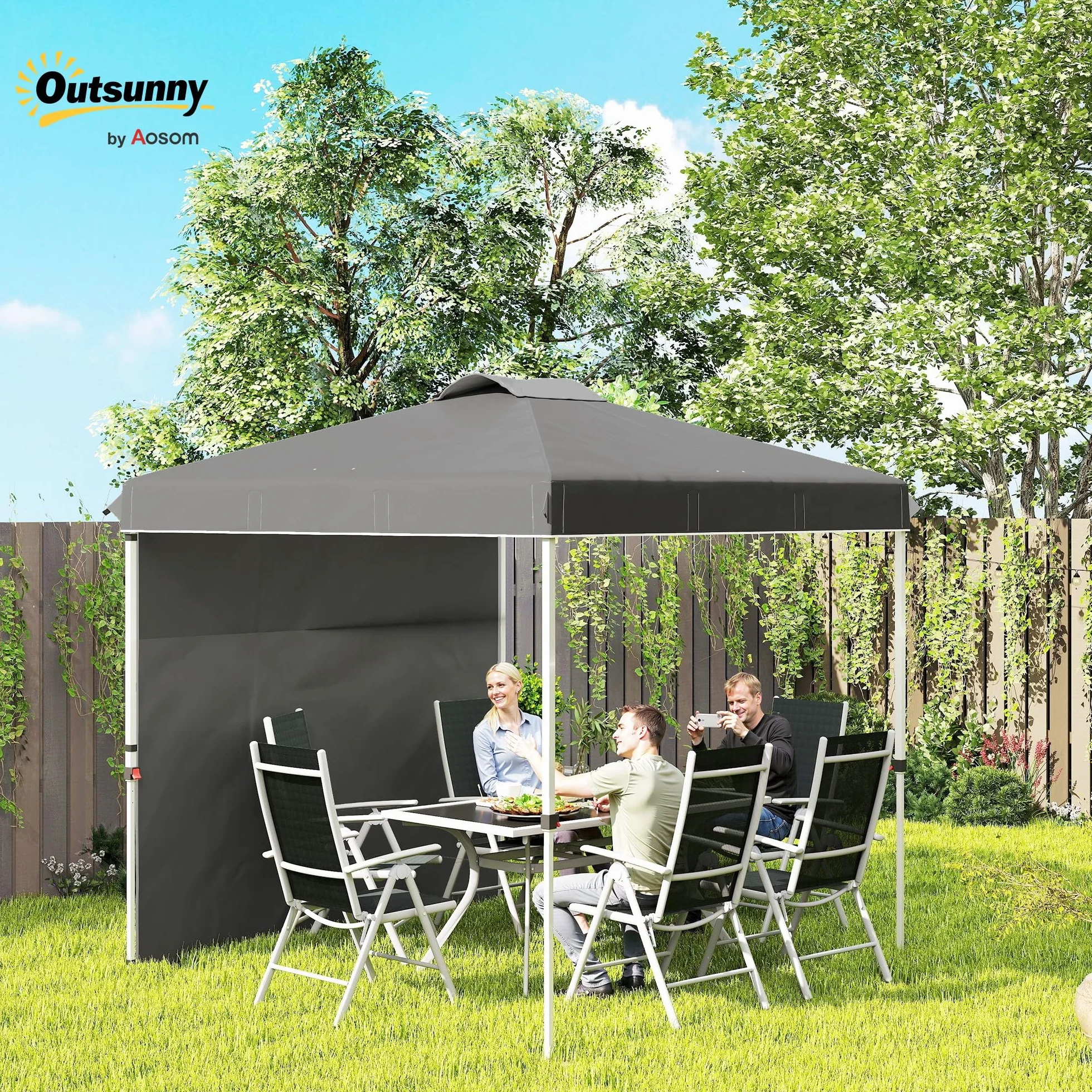 Outsunny Carpa Plegable 2,5x2,5 m Cenador de Jardín con 1 Pared Lateral Altura Ajustable en 3 Niveles Anti-UV Impermeable y Bolsa de Arena Gazebo para Exterior Camping Fiestas Gris Oscuro