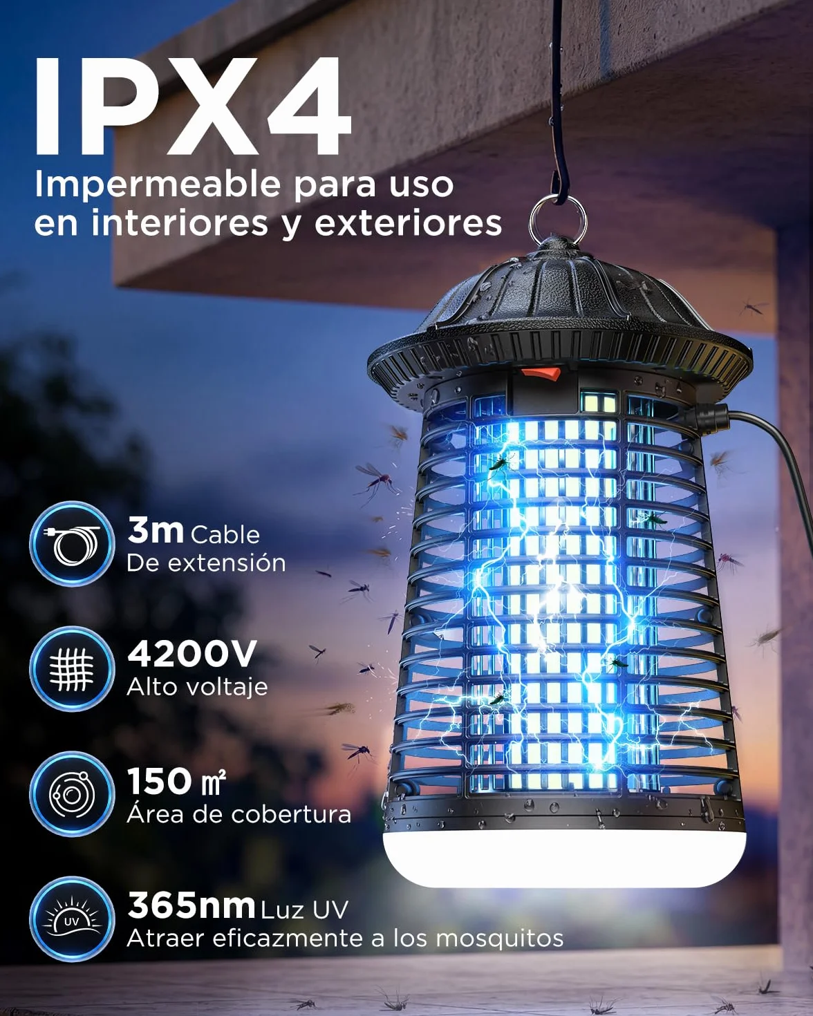 Lámpara Antimosquitos LED VIWAVE 4200V 15W UV Mata Mosquitos Eléctrico Exterior Interior IPX4 150m²