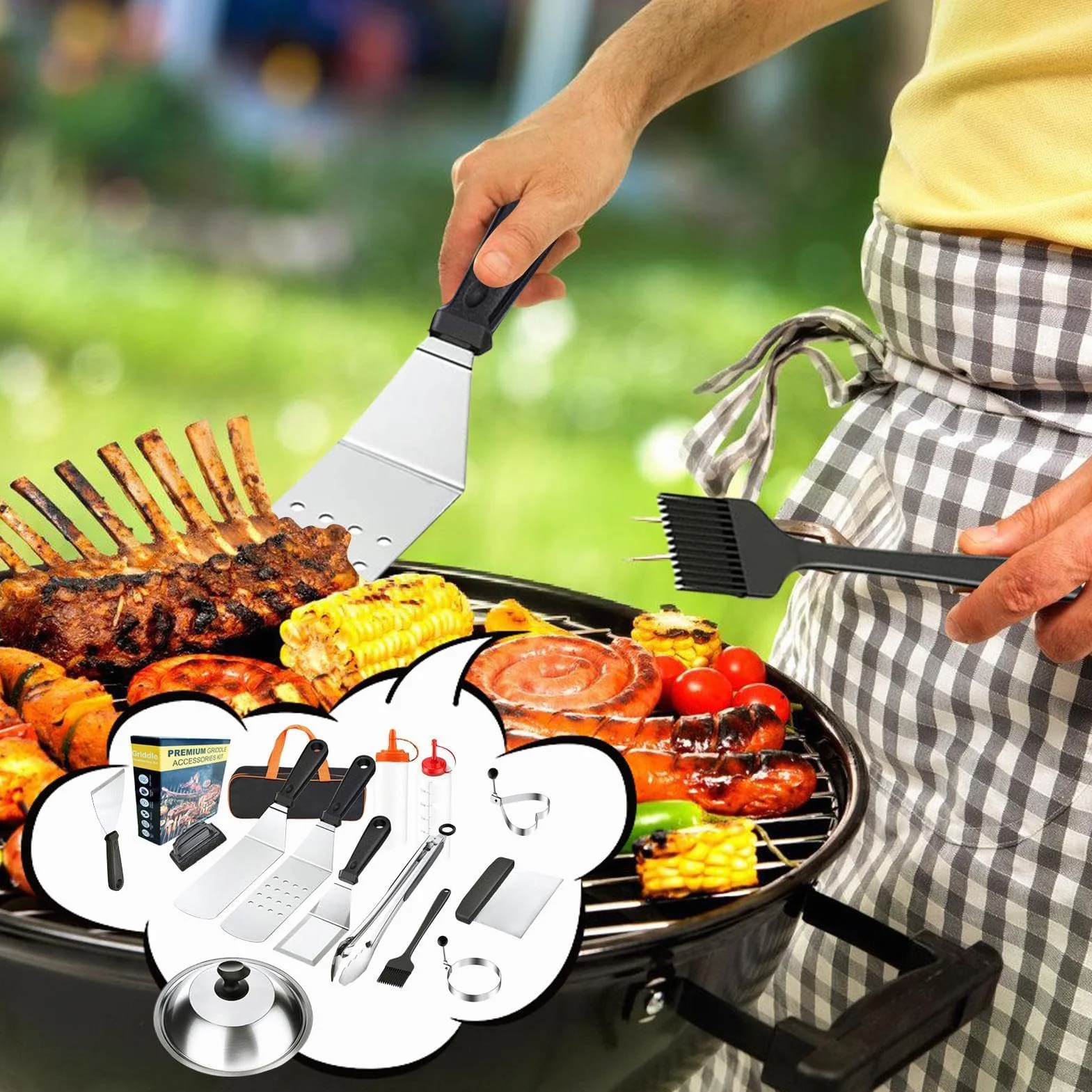Juego de barbacoa al aire libre, juego de herramientas para barbacoa con maletín, juego de barbacoa de acero inoxidable, utensilios de cocina para exteriores con accesorios completos para camping, | maletín, juego de barbacoa de acero inoxidable, utensili