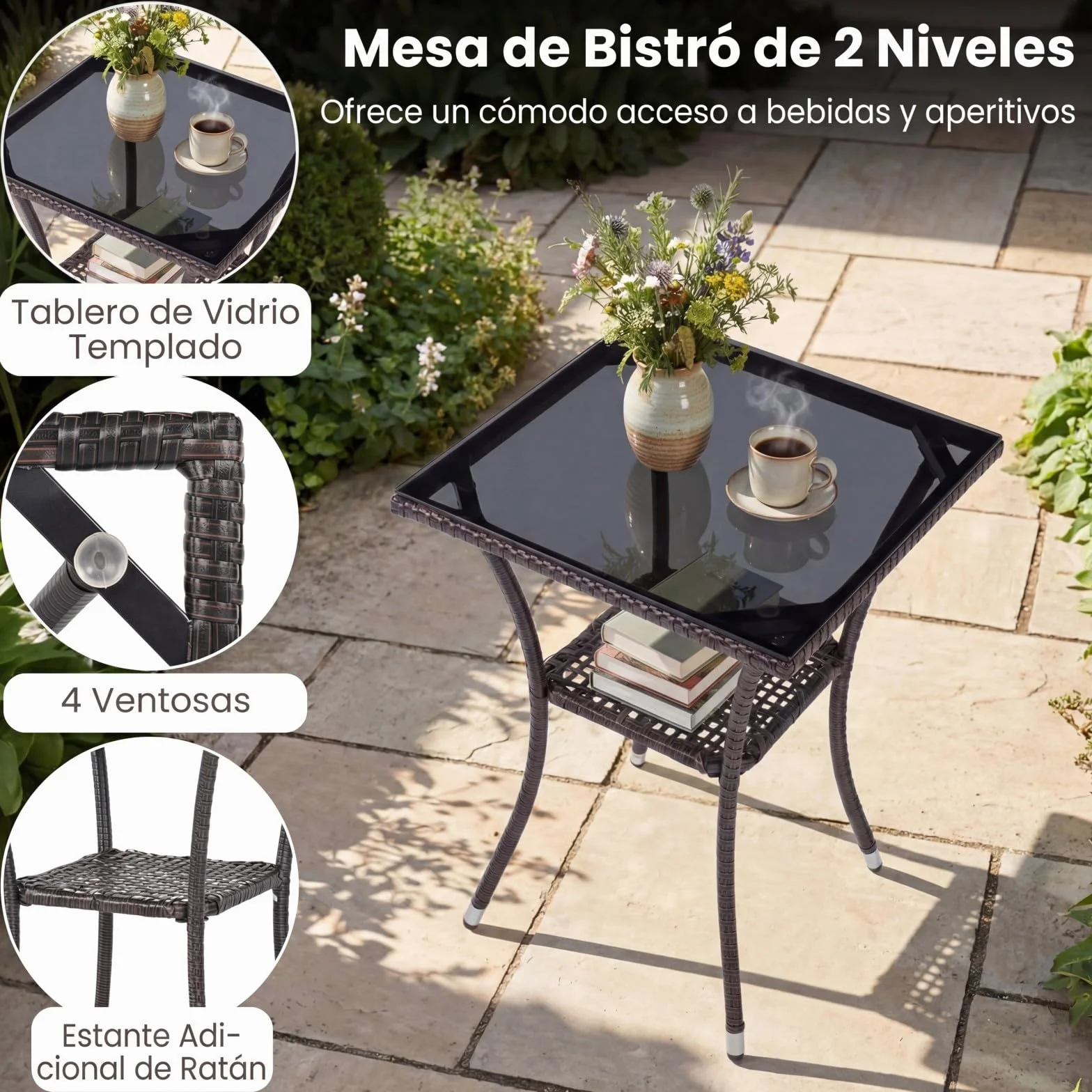 COSTWAY Conjunto Mesa y Sillas Jardín 3 Piezas, Mesa Terraza Exterior Cristal Templado 2 Nivel, Muebles Conversación con Cojines