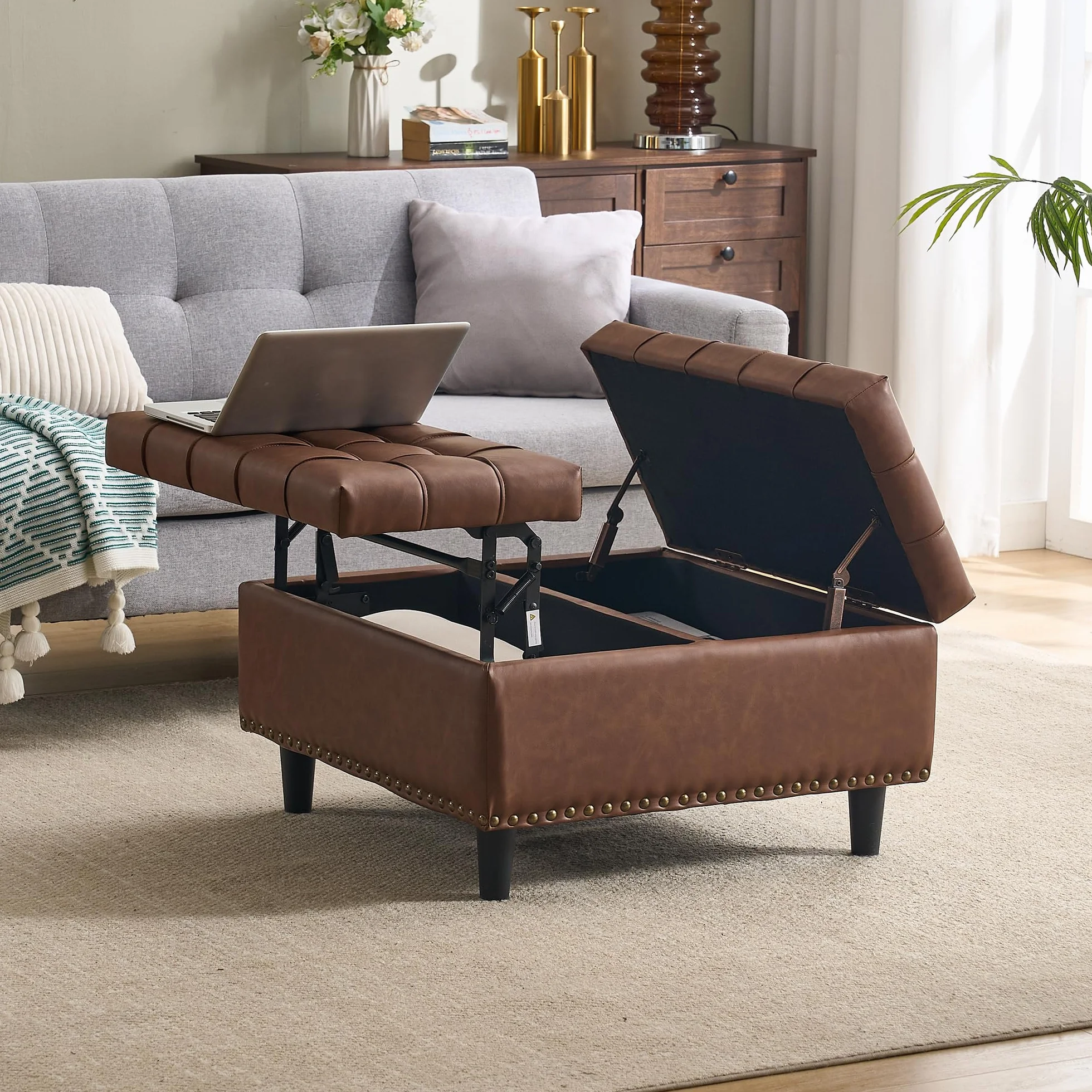 Silla de almacenamiento grande cuadrada banco elevable caja acolchada marrón PU