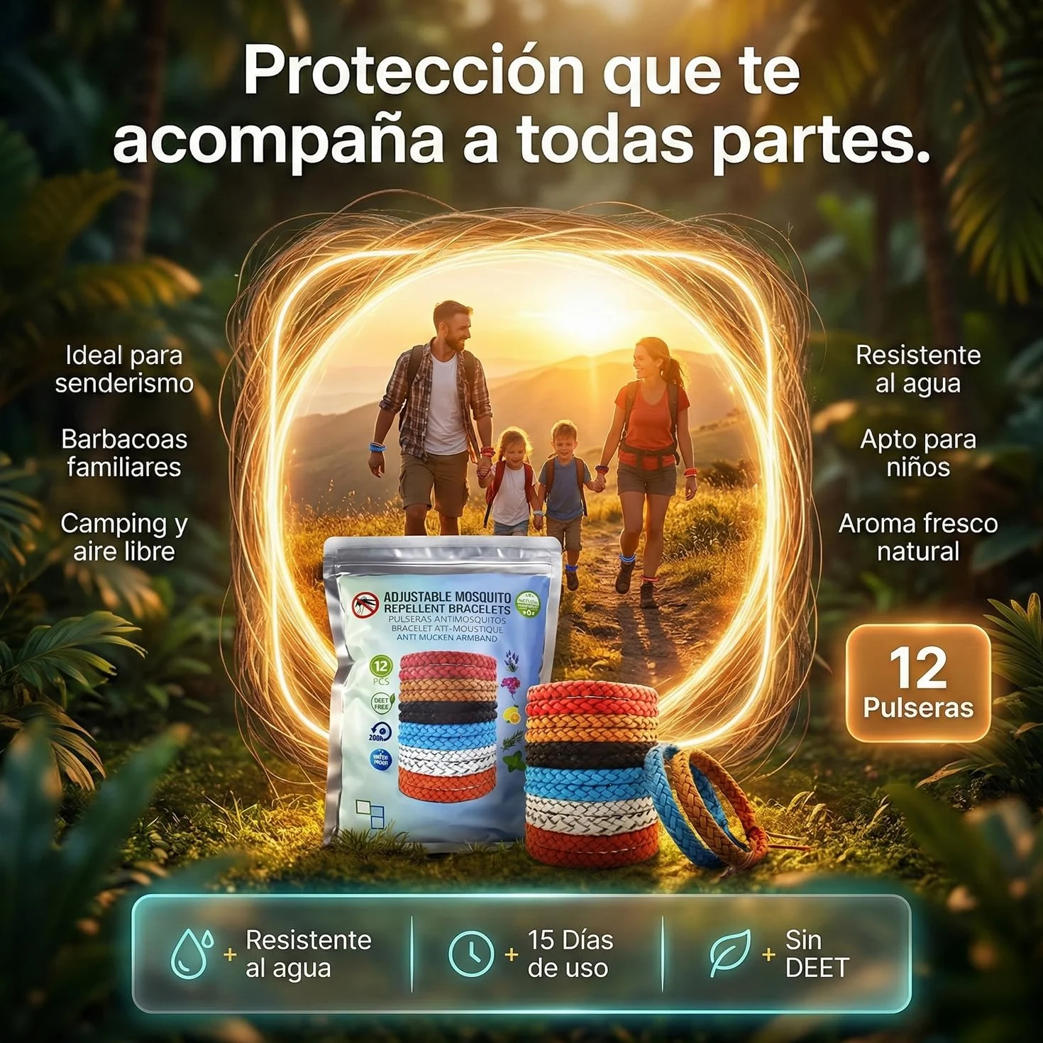 Pulseras Repelentes de Mosquitos 12 Unidades Natural Sin DEET Aceites Esenciales No Toxico
