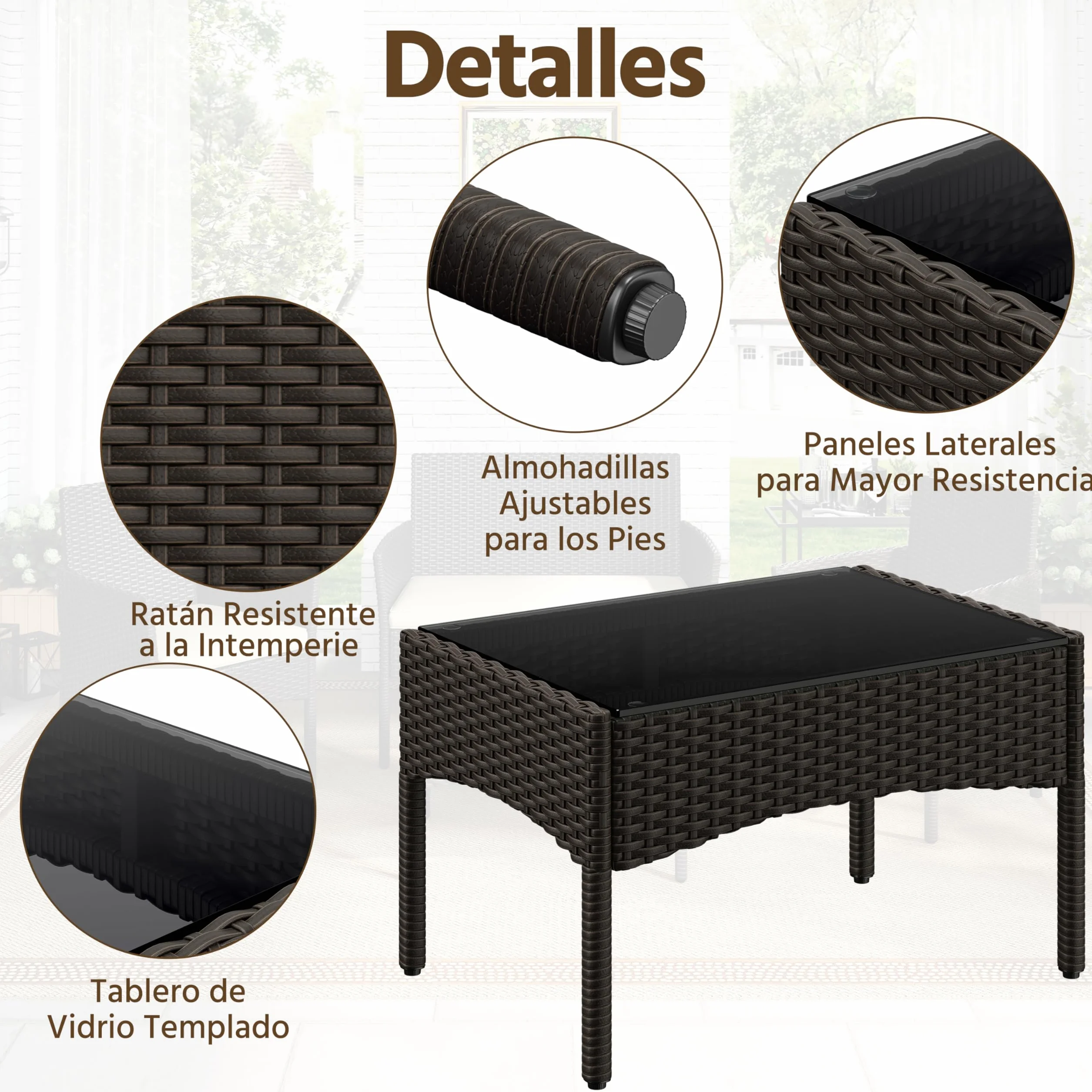Yaheetech Conjunto de Muebles Ratán de Jardín 4 Piezas con Cojines y Mesa de Vidrio Marrón Beige