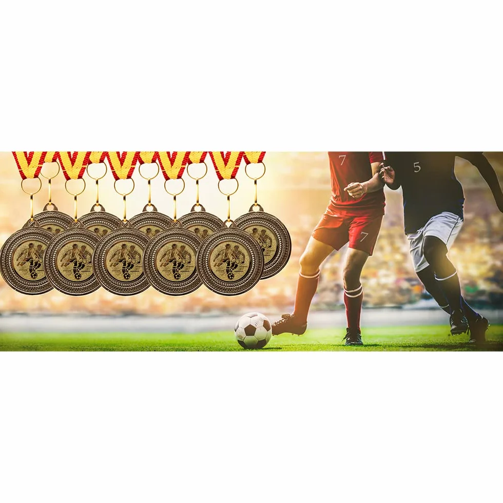 Pokal-Fabrik Juego de 10 Medallas de Fútbol Metal Dorado con Cinta Azul, Blanca y Roja