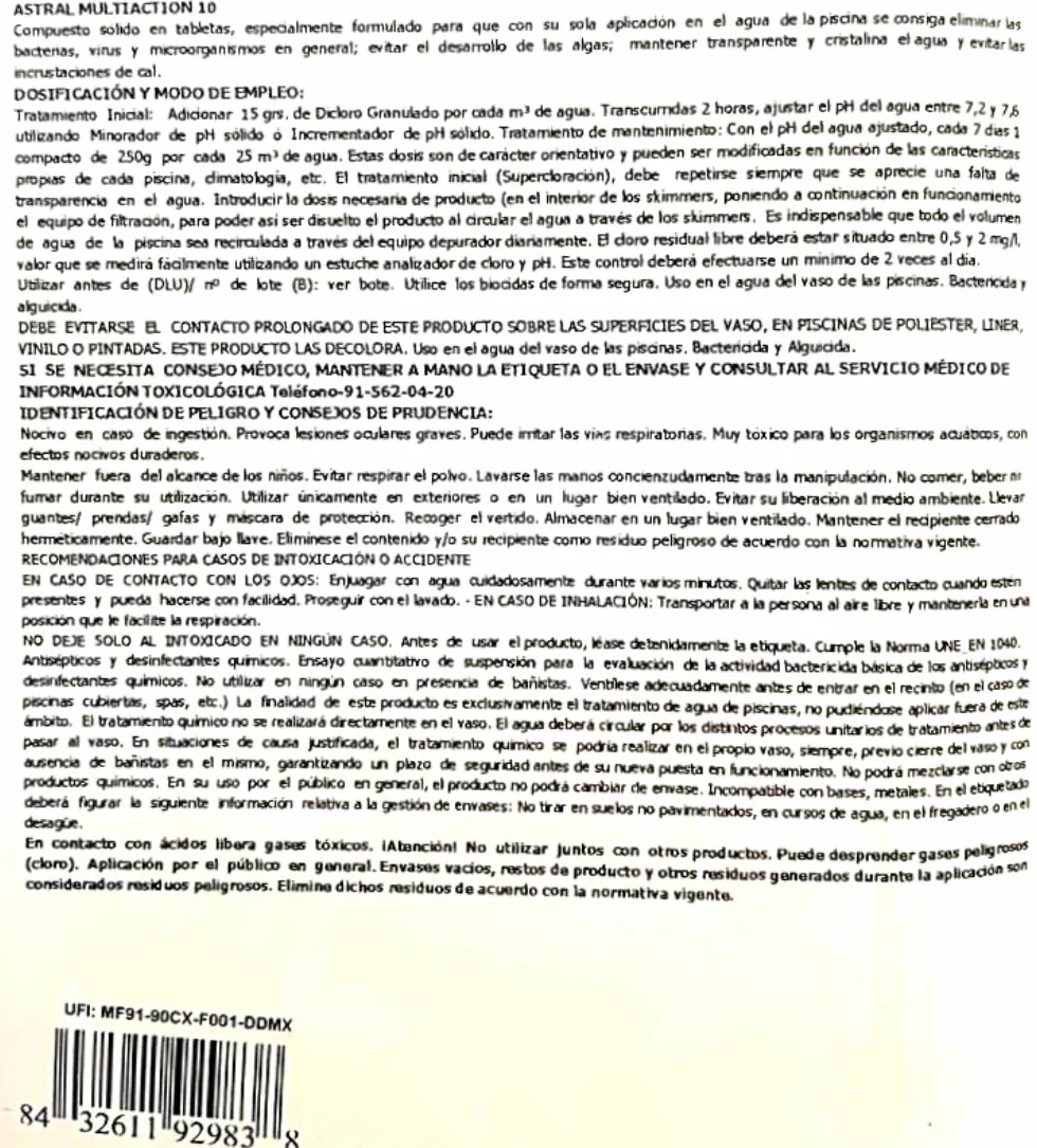 Cloro10 Acciones ASTRALPOOL de Disolución Lenta y Continua 5kg - Tratamiento Multiacción - Especial Gresites y Filtros de Arena-