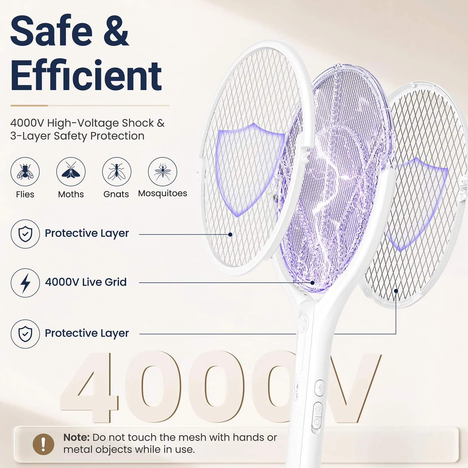 Raqueta Mosquitos Eléctrica 4000V 1800mAh Matamoscas Recargable 2 en 1 LED Antimosquitos
