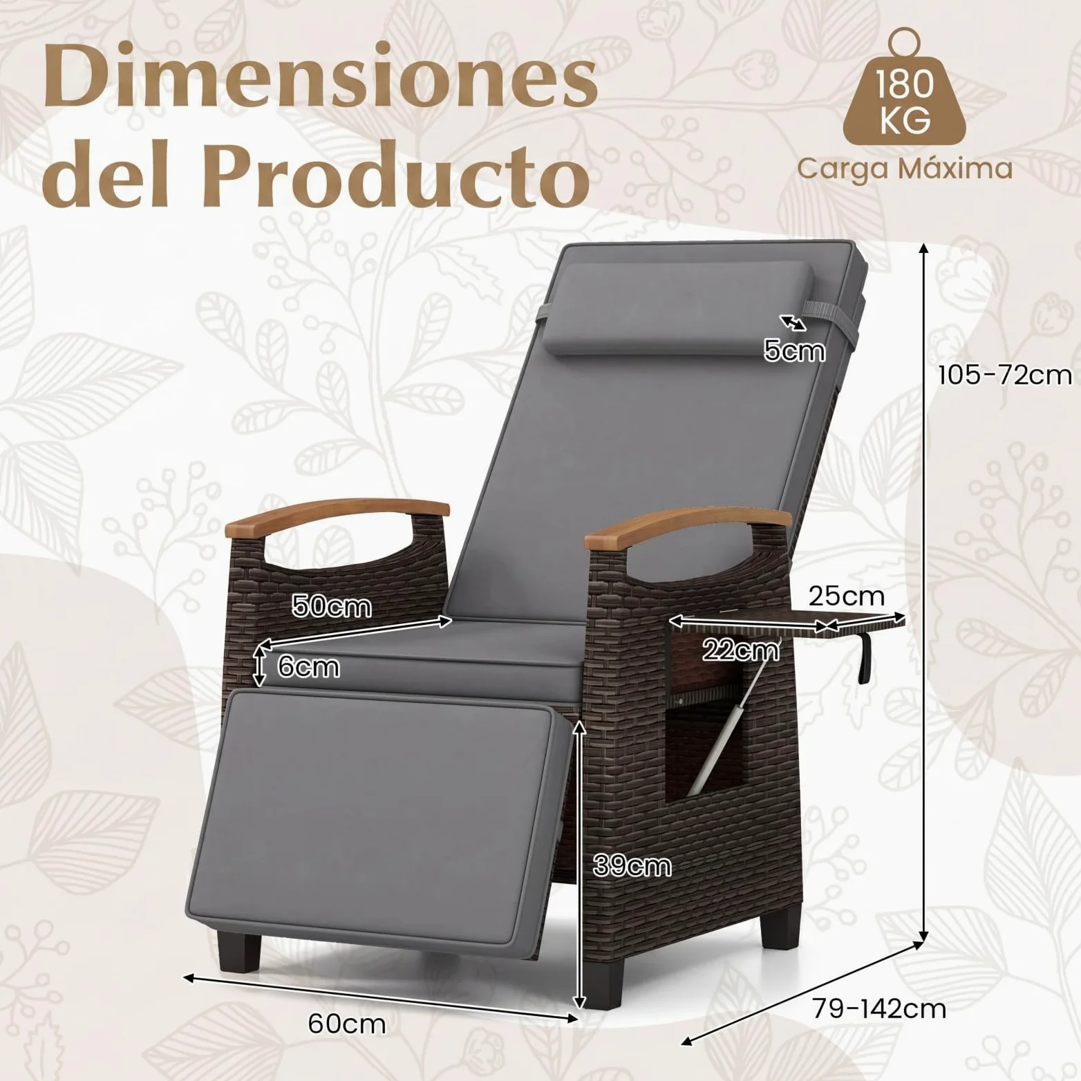 COSTWAY Silla Reclinable Jardin, Tumbona de Ratán con Respaldo y Reposapiés Ajustables, Mesita Abatible, Reposacabezas Extraíble y Reposabrazos de Madera, Sillón Terraza Exterior para Patio (1,Gris)