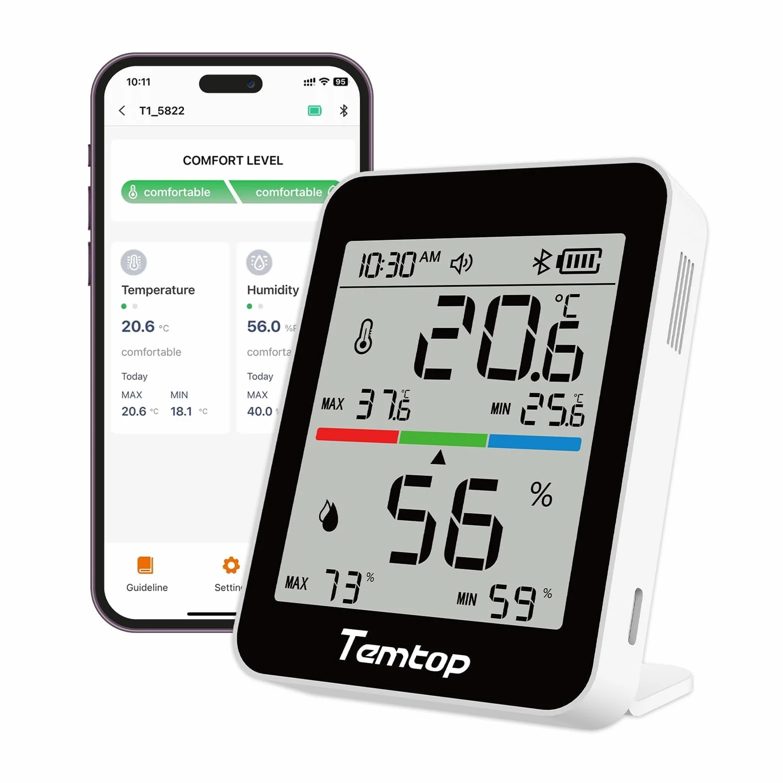 Temtop T1 Medidor de Humedad Digital Termómetro Interior Higrómetro Bluetooth con Alertas