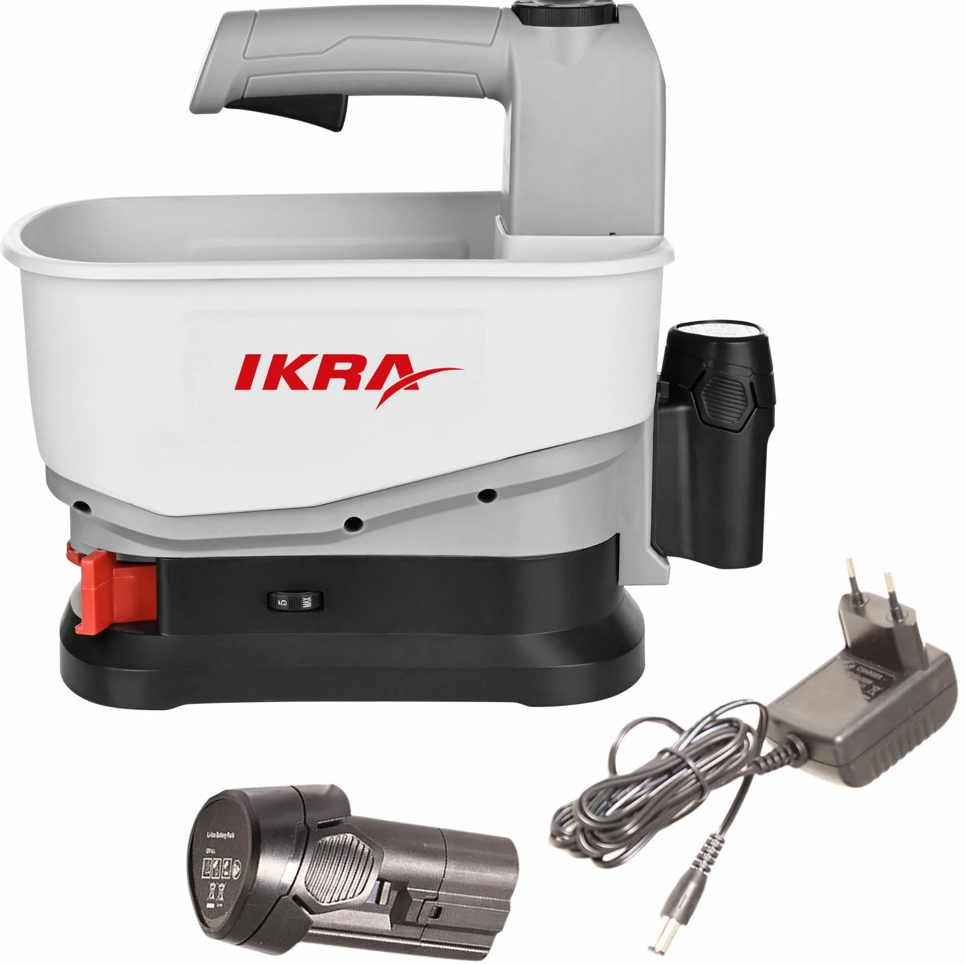 IKRA esparcidor IAST 12, ancho de esparcimiento 5m, incl batería y cargador | Esparcimiento eficaz de fertilizantes, sal para carreteras, semillas y pienso, gama de baterías de 12 V de IKRA