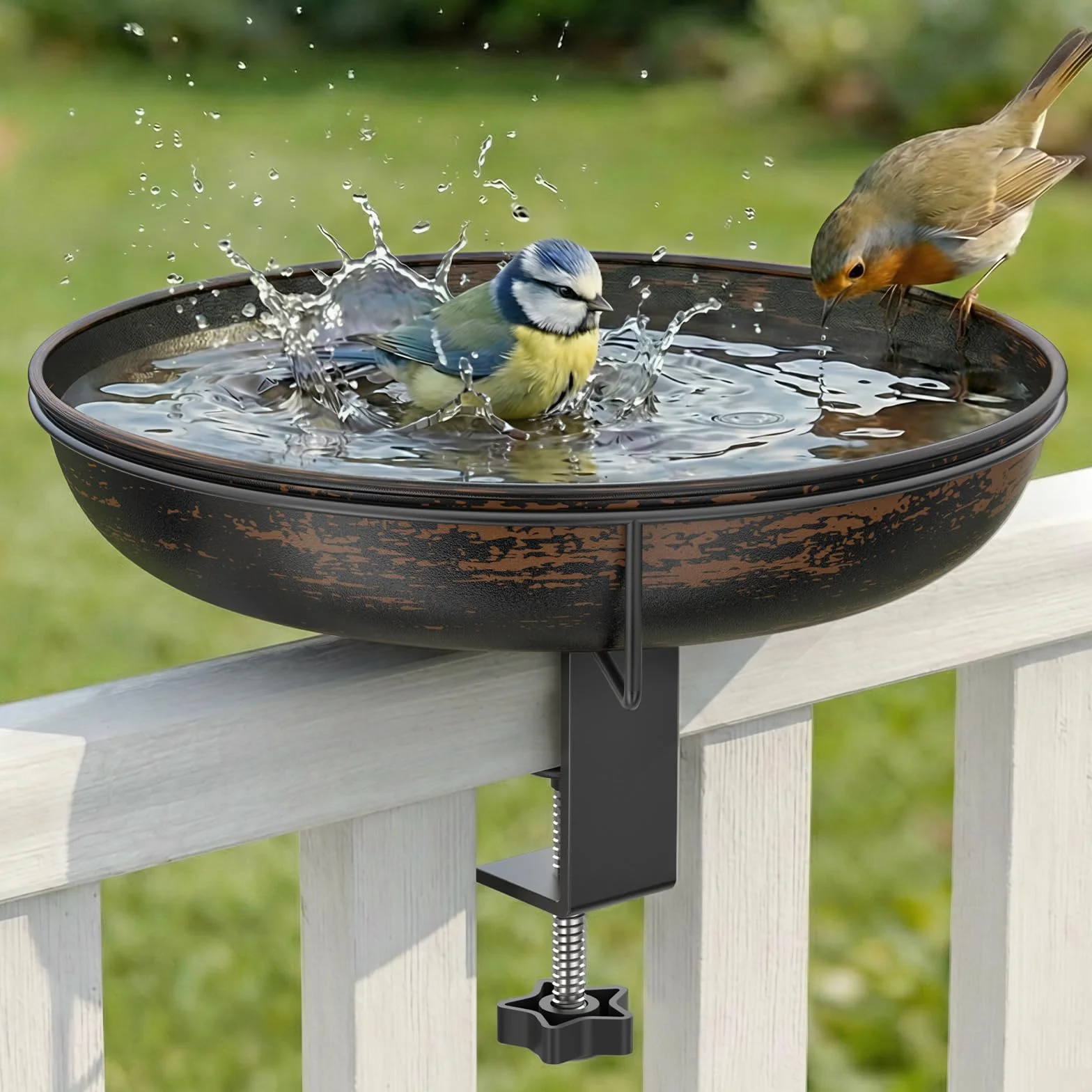 WELDUN Baño de Pájaros Colgante para Barandilla, Metal, Diámetro 26 cm, Estilo Antiguo