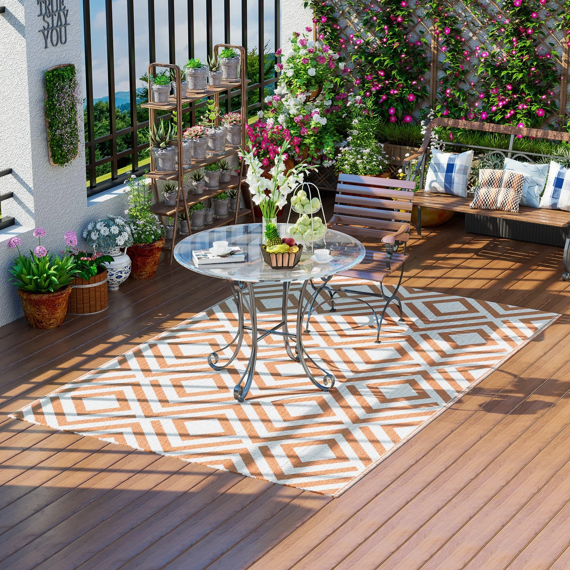 Outsunny Alfombra Exterior 182x274 cm Reversible Patrón Geométrico Rombos Impermeable Terraza Balcón Patio Rojo Blanco