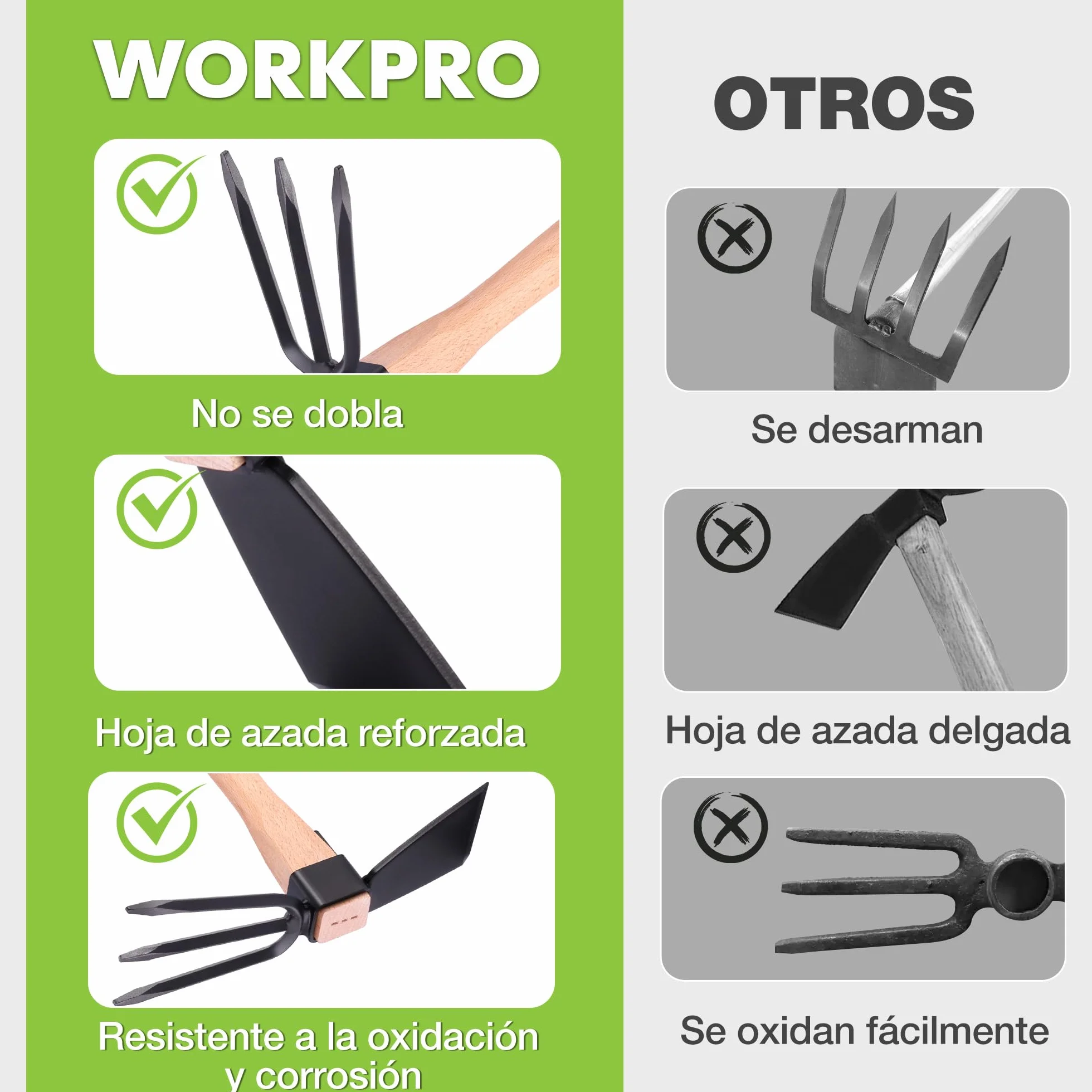 WORKPRO Azada Doble Jardín 2 en 1 Acero Cultivador 3 Dientes Mango Madera 36 cm Jardinería