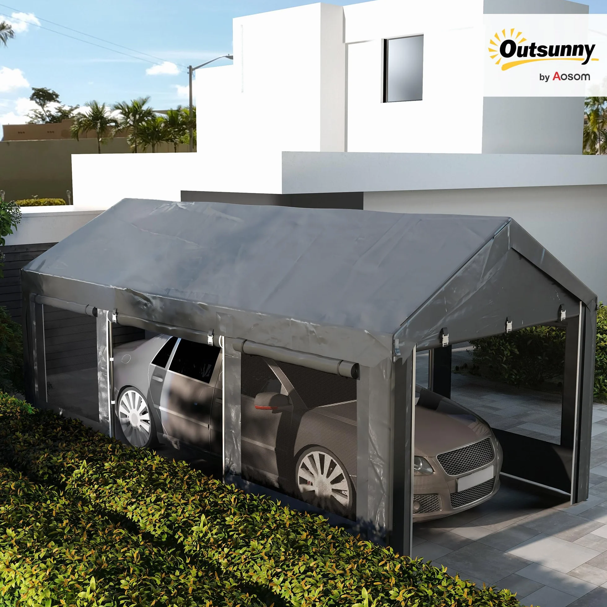Outsunny Carport 6x3 m Garaje Regulable en Altura Toldo para Coche con Ventanas de Rejilla Acero Gris Oscuro