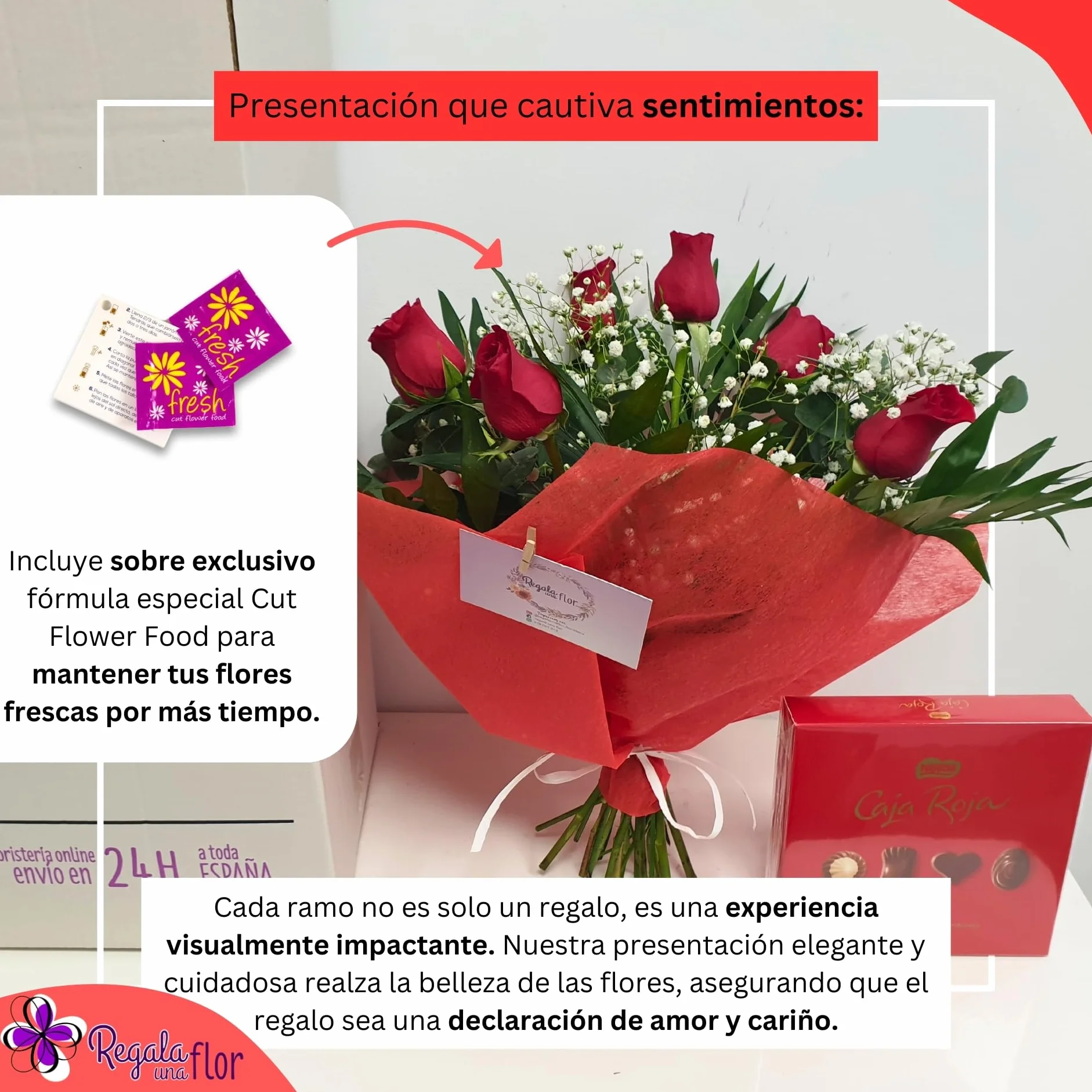 Ramo de 6 rosas naturales a domicilio con bombones y tarjeta