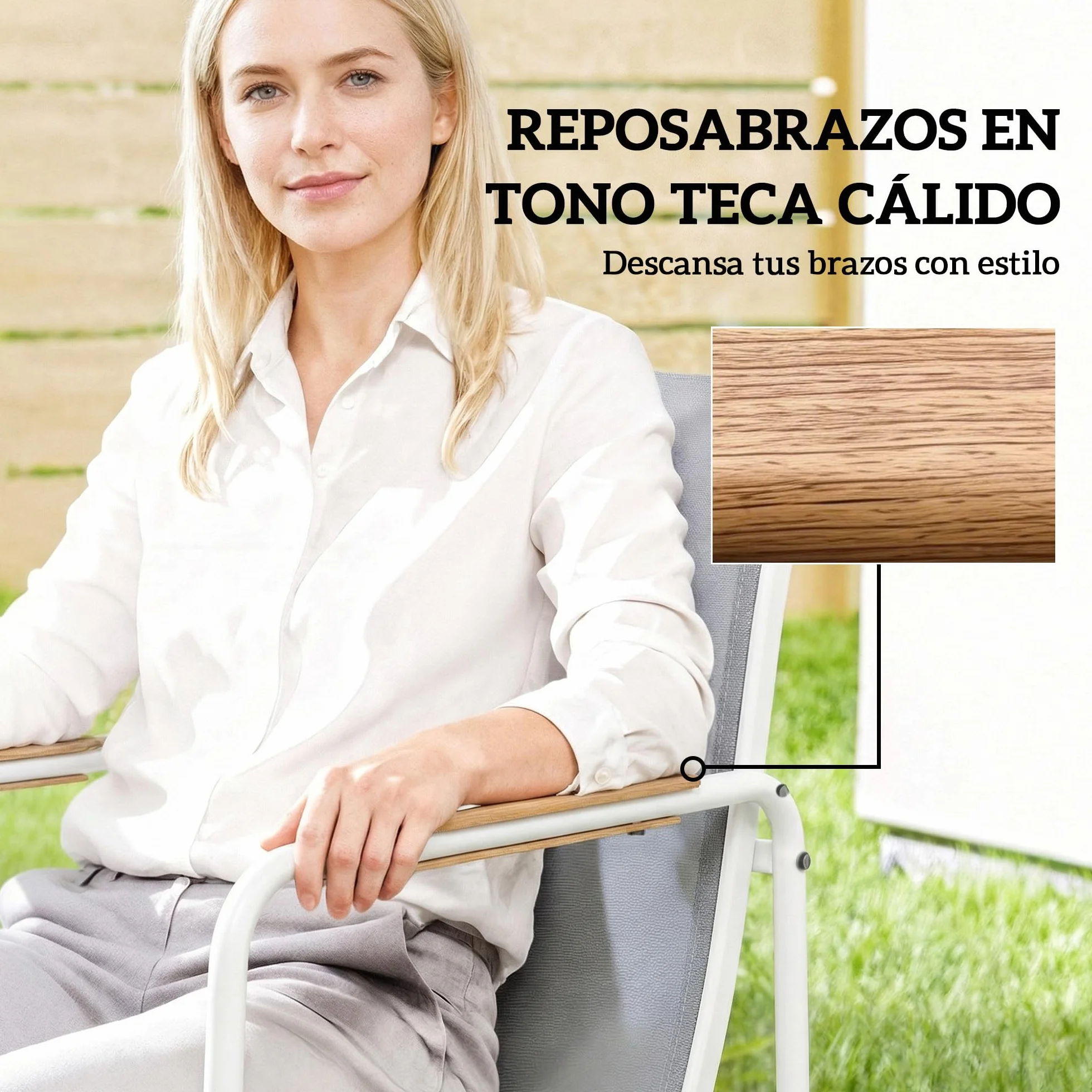 Outsunny Conjunto de Mesa y Sillas Jardín de 7 Piezas, Muebles Jardín Exterior con Mesa de Vidrio Templado, 6 Sillas Transpirables Decorativas, Marco de Acero Resistente a la Intemperie, Blanco y Gris