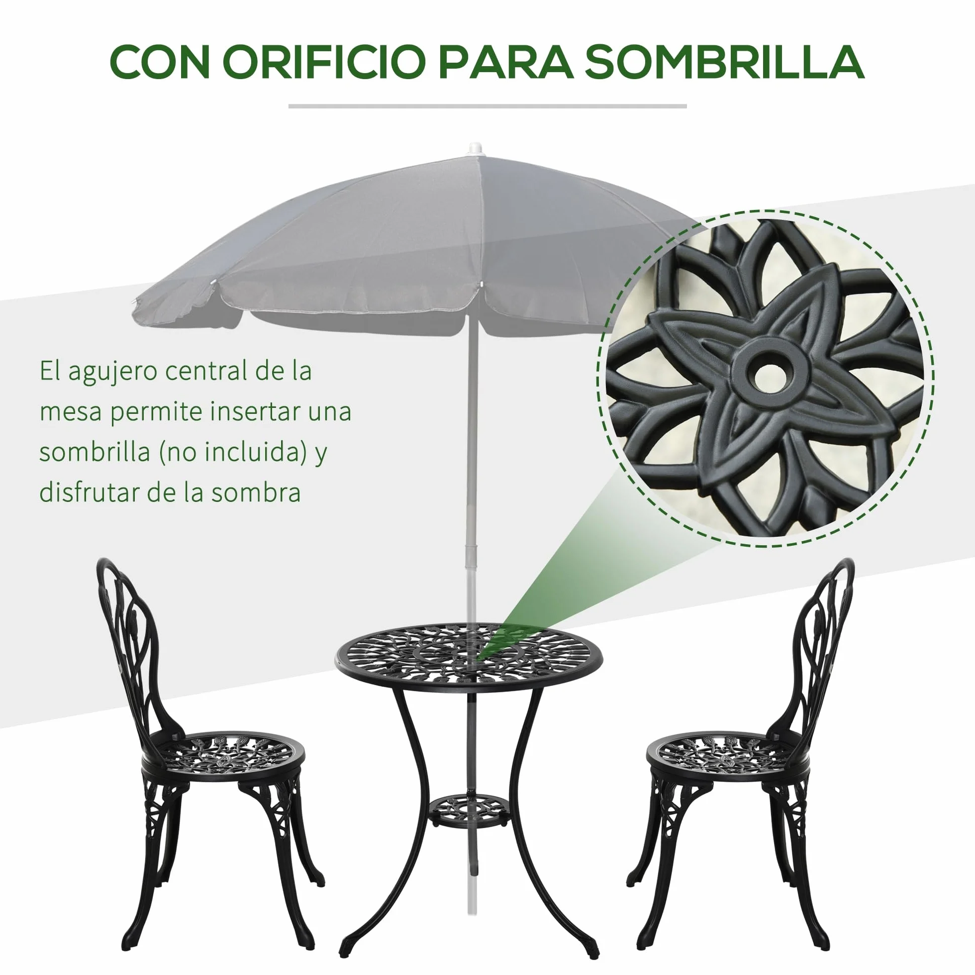 Outsunny Conjunto de Mesa y Sillas de Terraza Exterior de Aluminio de 3 Piezas Muebles de Jardín con Respaldo con Patrón de Tulipán y Mesa con Orificio para Sombrilla Negro