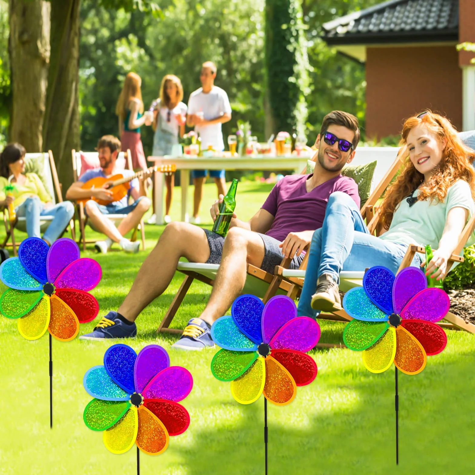 Molino de viento con flores arco iris spinner decoración jardín 4 piezas