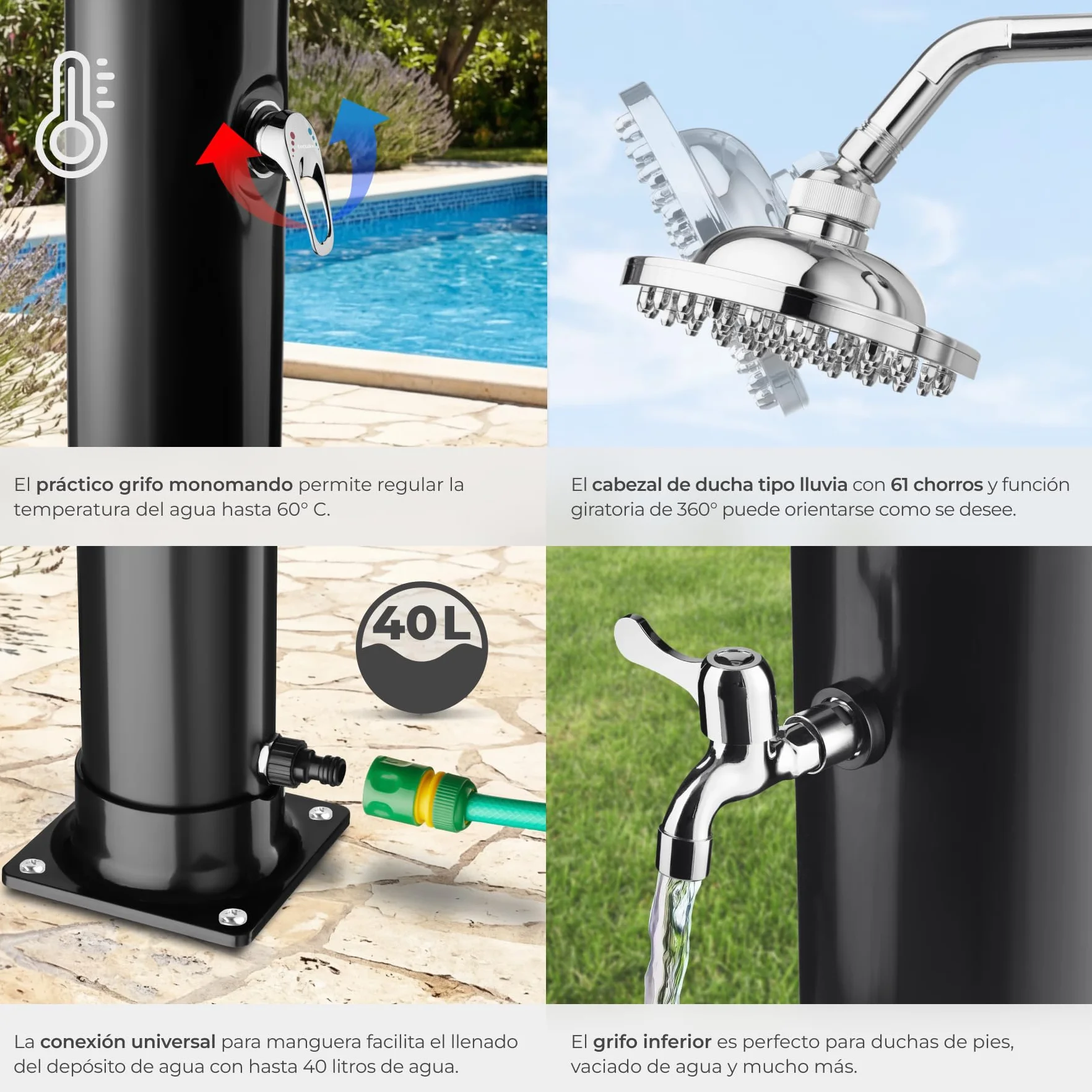 Tectake Ducha Solar Exterior 40 L Negro Resistente Intemperie Alcachofa 360°