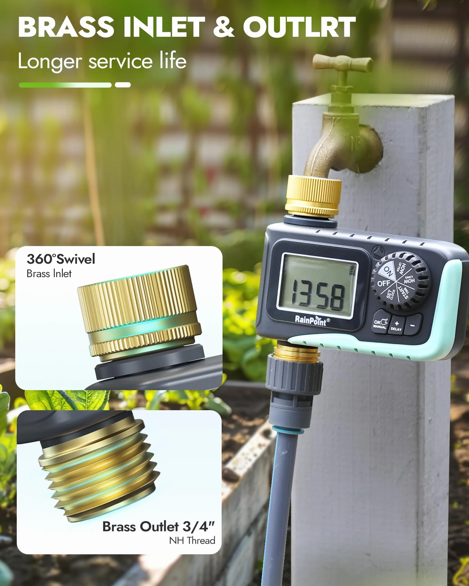 RAINPOINT Temporizador de aspersor con entrada y salida de latón, temporizador de manguera programable para manguera de jardín, temporizador de agua con retardo de lluvia/sistema de riego manual