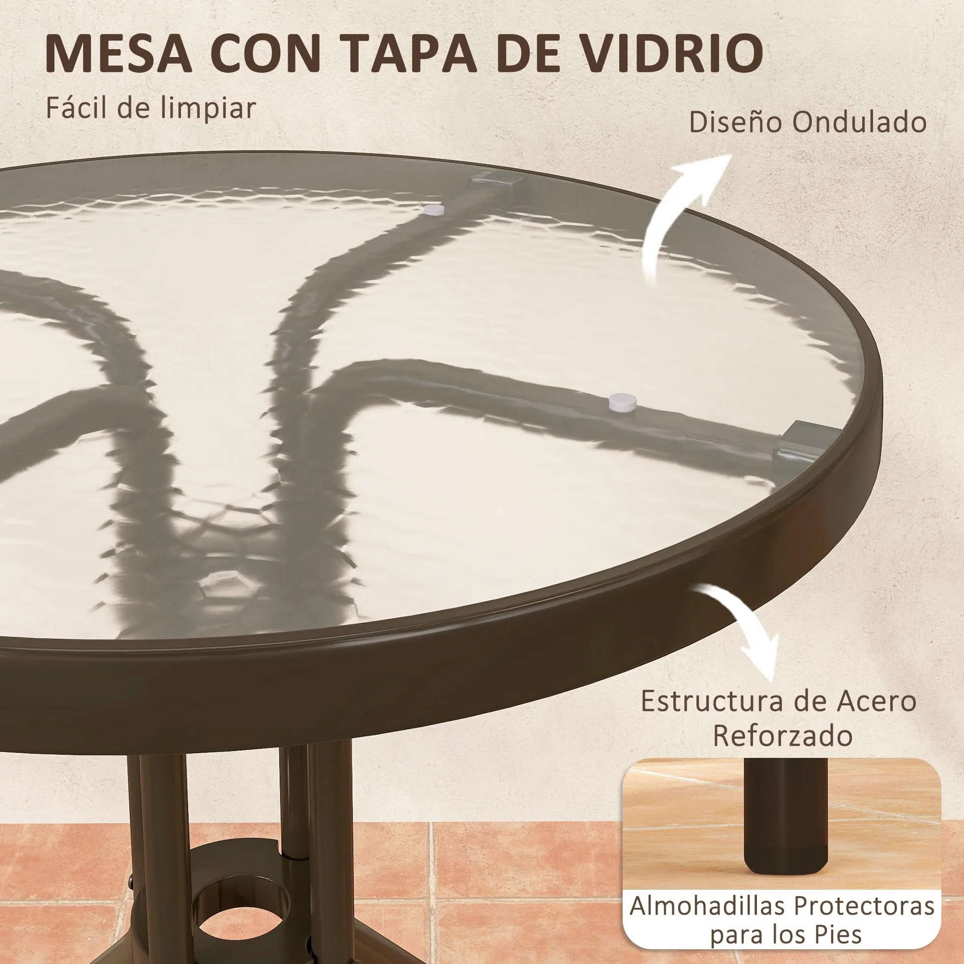 Outsunny Conjunto Jardín 3 Piezas Muebles Jardín Sillas Apilables Mesa Vidrio Templado Acero Terraza Patio Marrón Oscuro