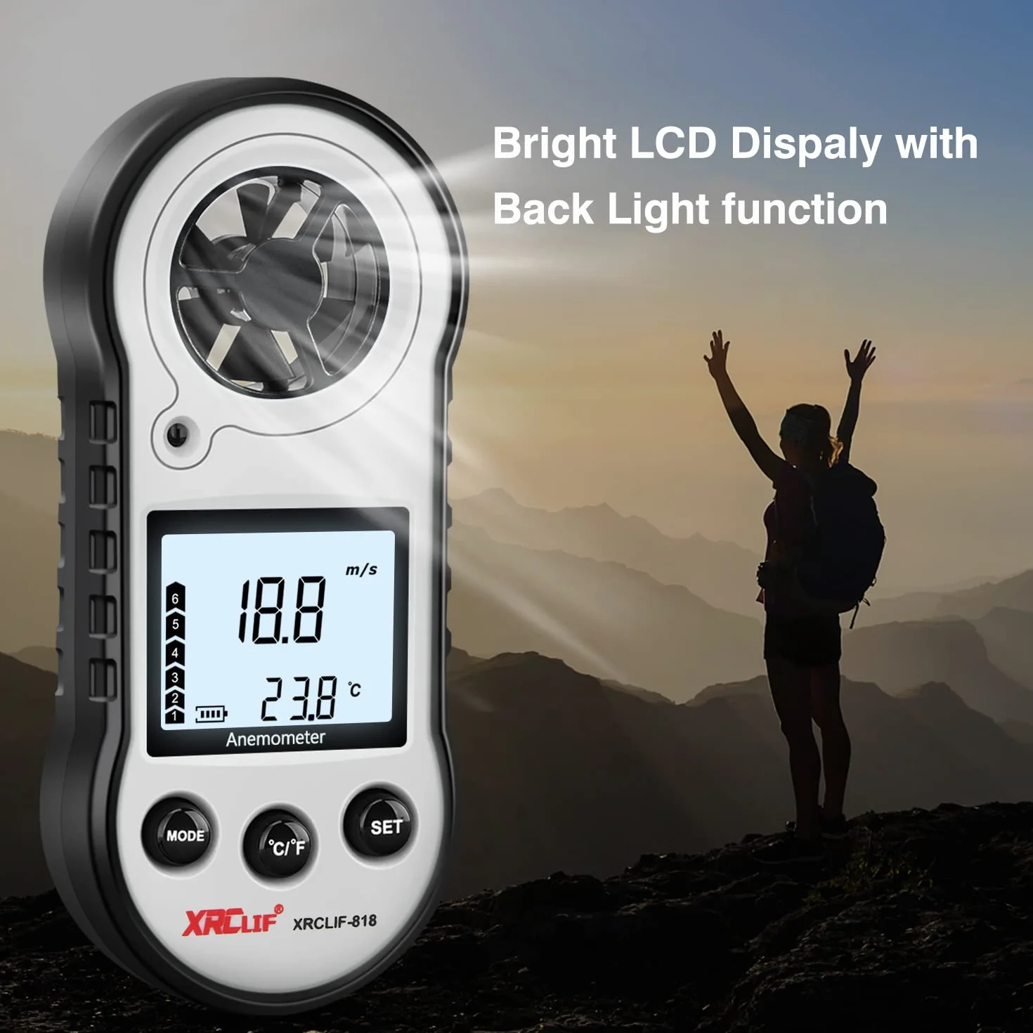 Anemómetro digital de velocidad del viento medidor de flujo de aire para temperatura y velocidad gris