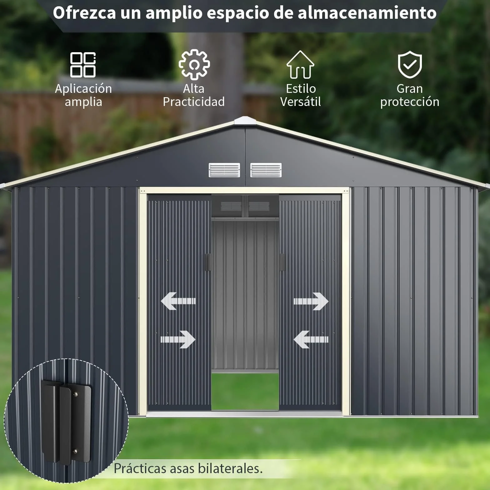 COSTWAY Cobertizo Jardin Exterior Acero Galvanizado 8.7m² 340x255x210cm 2 Puertas Correderas Antracita