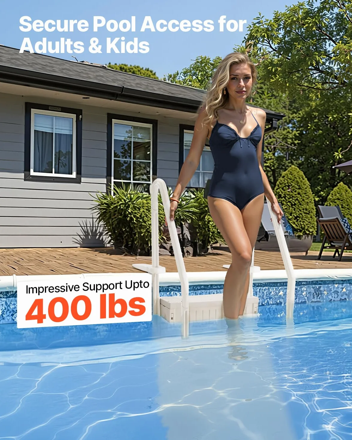 VEVOR Escalera para Piscina 4 Escalones con Pasamanos Dobles Antideslizantes 181,4 kg 874 x 808 x 1985 mm Blanco Leche