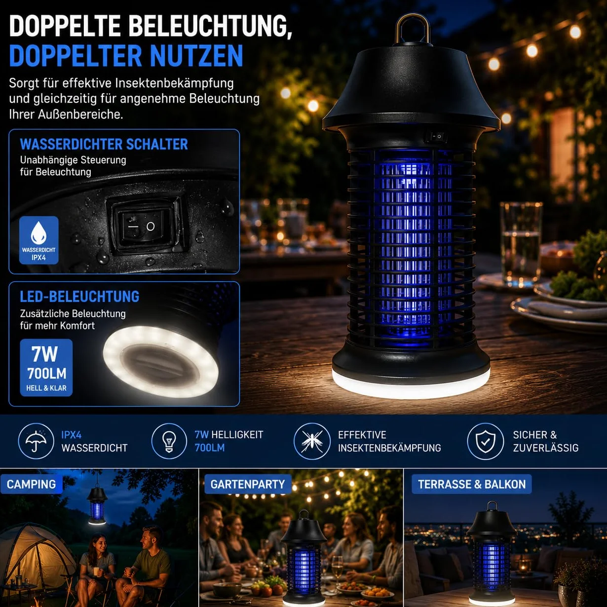 Insecticida eléctrico 2500 V, 15 W, UV, con luz LED, lámpara antimosquitos IPX4, resistente al agua, trampa contra mosquitos, moscas e insectos, para interior y exterior