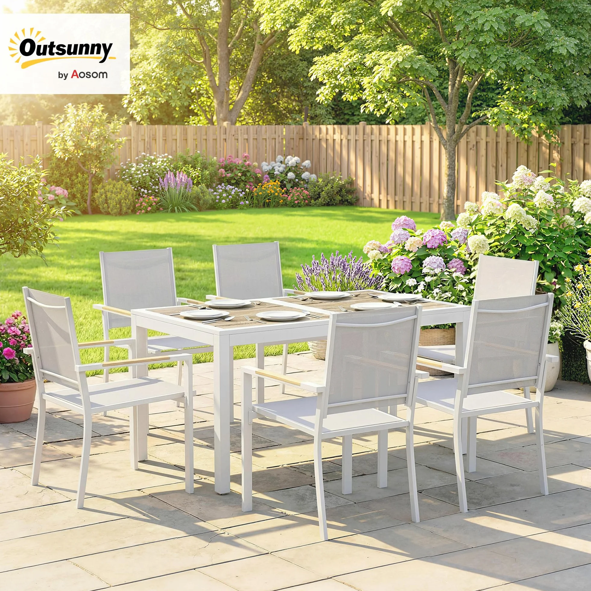 Outsunny Conjunto de Mesa y Sillas Jardín de 7 Piezas, Muebles Jardín Exterior con Mesa de Plástico PSPC, 6 Sillas Apilables Transpirables, Marco de Acero Resistente a la Intemperie, Blanco