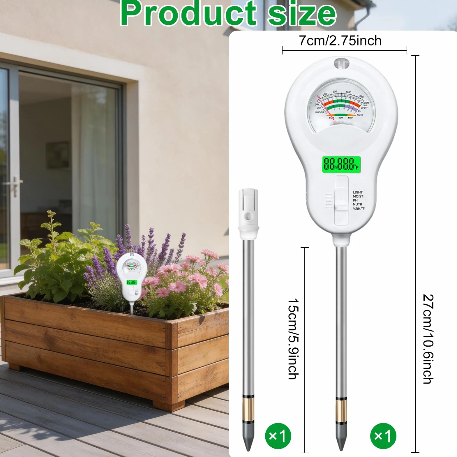 Shinybox Medidor de Suelo 6 en 1, Medidor de Humedad de Plantas con 2 Sondas Extraíbles, Fertilidad, pH, Temperatura, Sol, Humedad Ambiental para Jardín