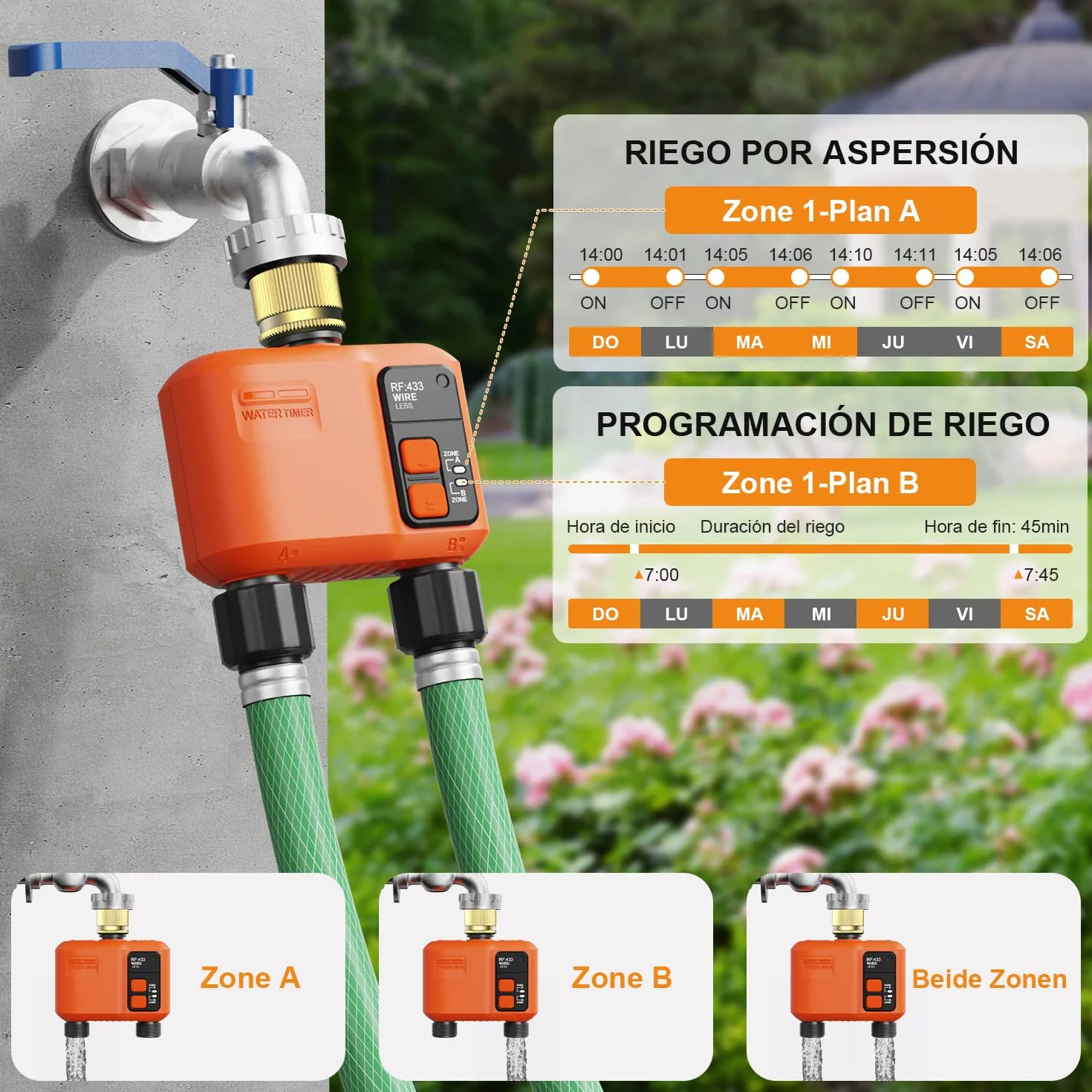 Programador de Riego WiFi 2 Salidas 300 Metros RF Entrada de Latón Retardo Lluvia Temporizador Automático Jardín Compatible Alexa Smart Life