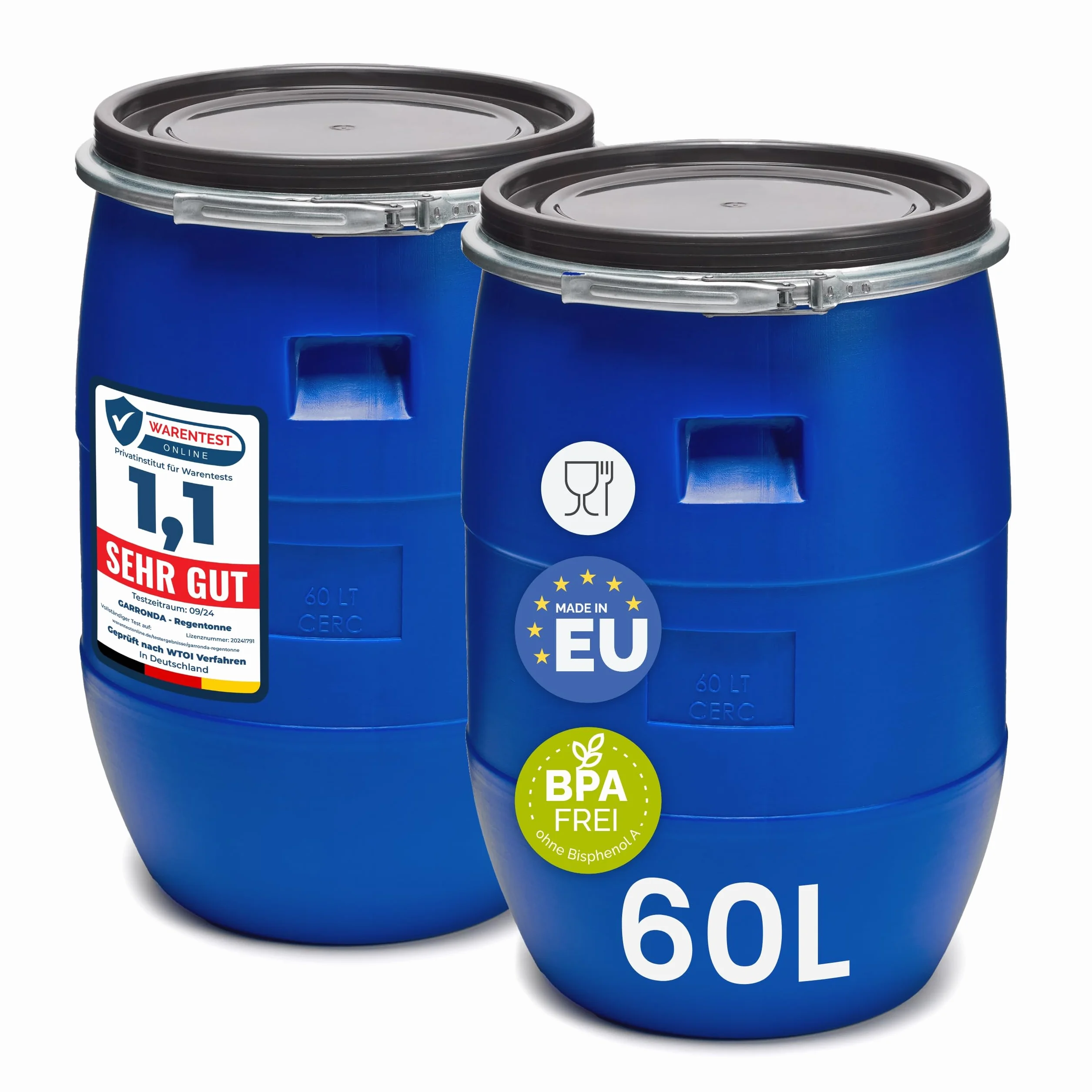 Garronda Set de 2 Piezas Barril Alimentario 60 L HDPE sin BPA Depósito Agua Boca Ancha GD-0122