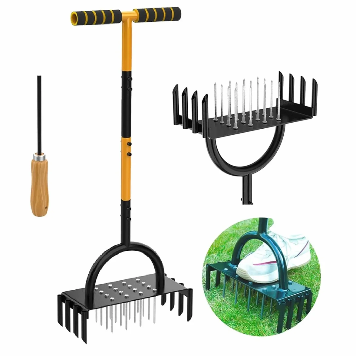Aireador de césped, herramienta aireadora manual 2 en 1 con escarificador en T para patios, aireación de césped, herramienta de jardín, revive la salud del césped